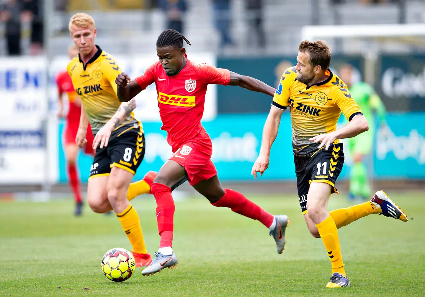 FC Nordsjællands Godsway Donyoh mod AC Horsens Peter Nymann i Superligakampen AC Horsens mod FC Nordsjælland på Casa Arena i Horsens, søndag 14. juli 2019.. (Foto: Henning Bagger/Ritzau Scanpix)