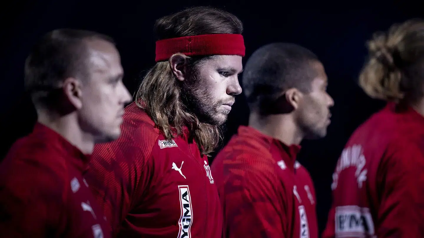 Mikkel Hansen, Morten Olsen og Mads Mensah under EM kampen mellem Danmark-Rusland i Malmø Arena i Malmø, onsdag den 15. januar 2020.. (Foto: Liselotte Sabroe/Ritzau Scanpix)
