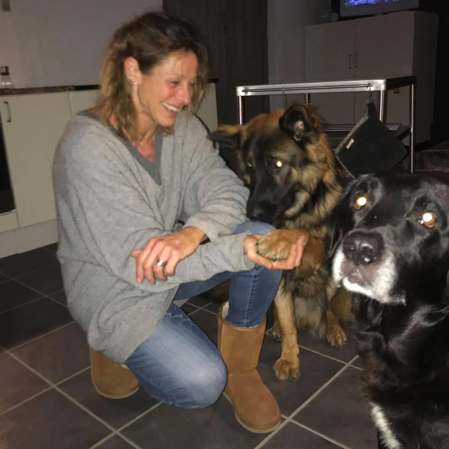 Her Gitte Ørnstrøm sammen med sine to hunde.