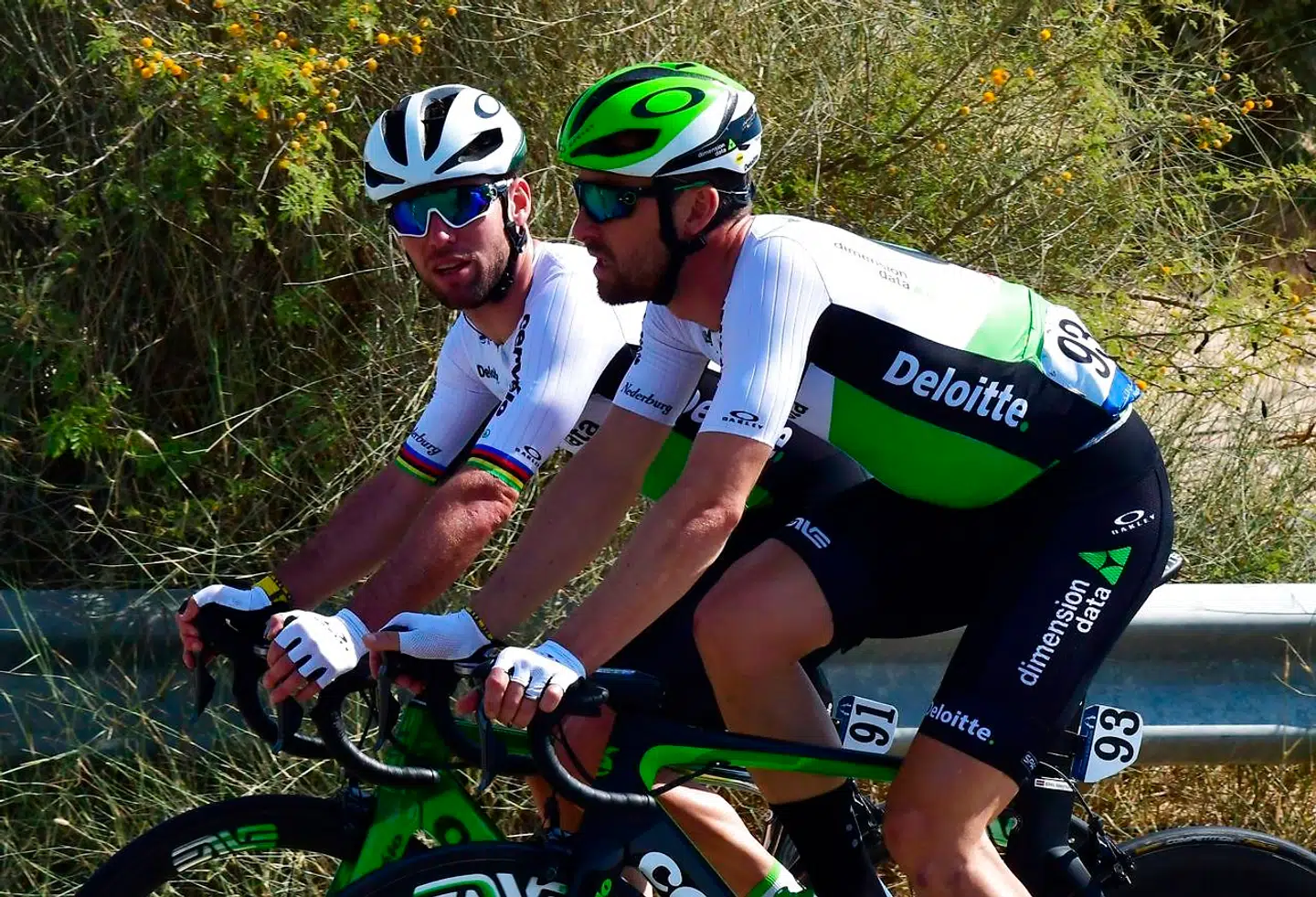 Mark Cavendish (tv.) og Bernhard Eisel (th.) under Dimension Data-trøjen.