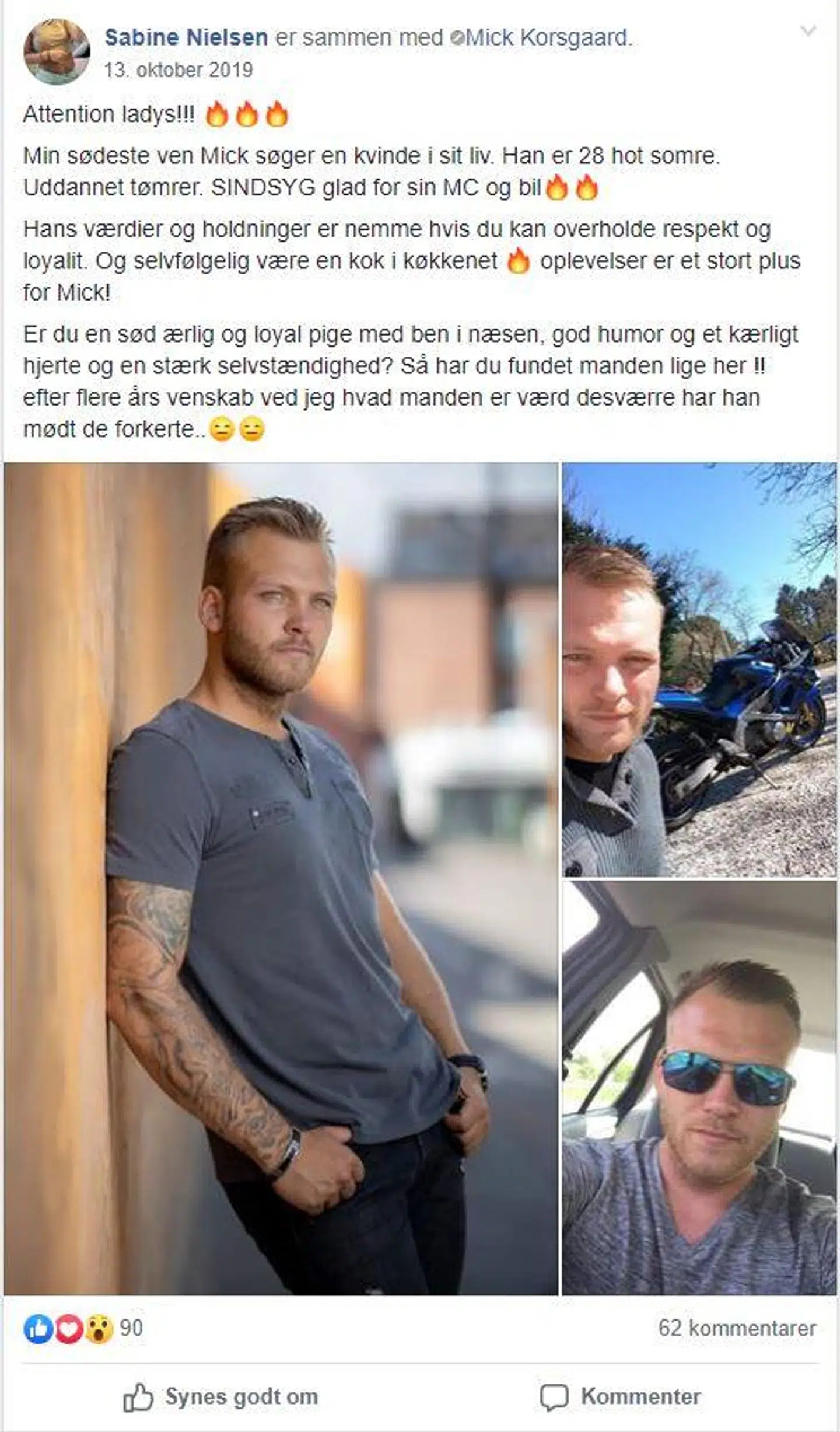 Facebook-opslaget i gruppen 'date min dude – kun for kvinder', hvor Mick Korsgaards veninde Sabine Nielsen forsøgte at finde ham en date.