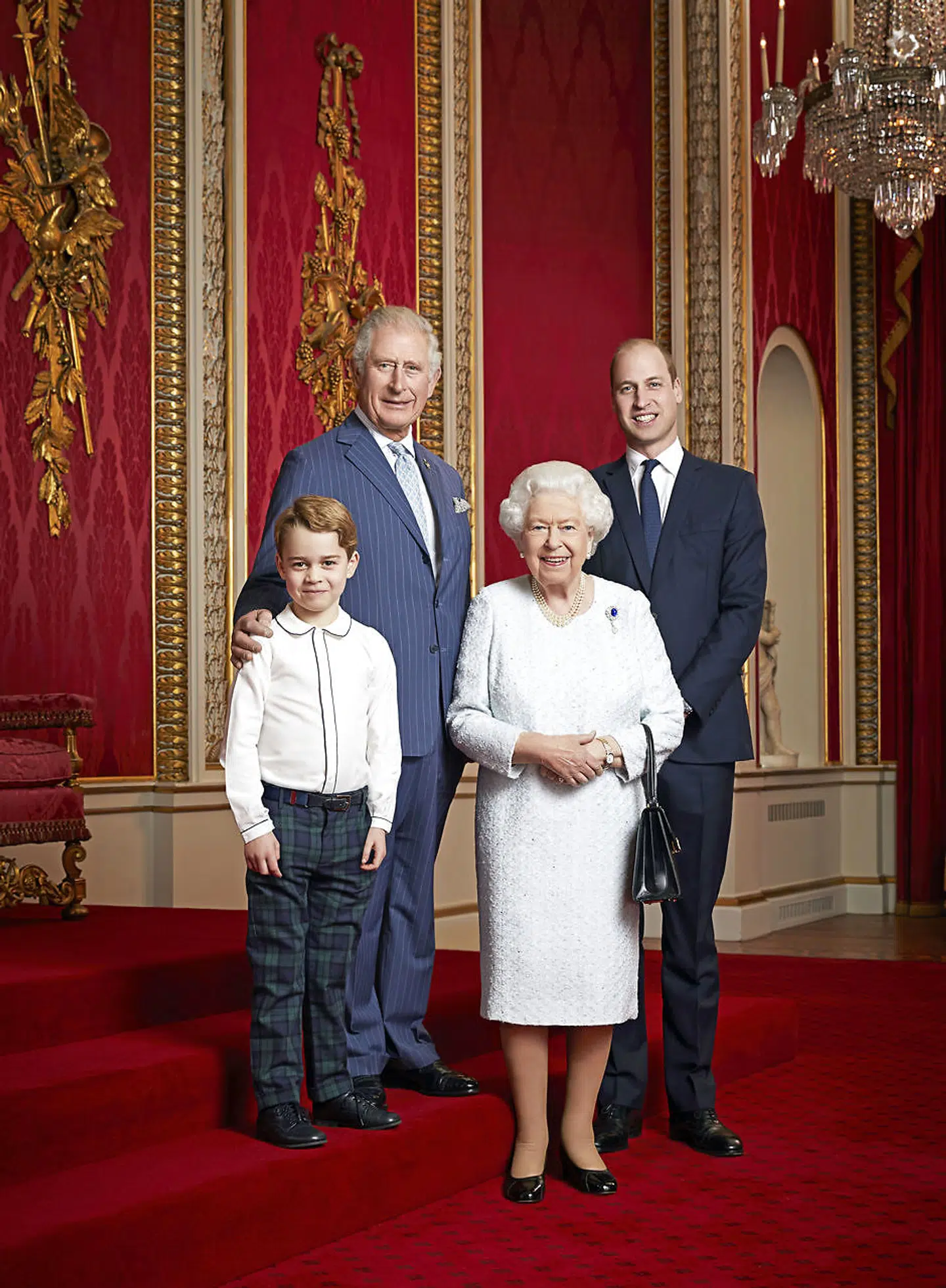 Britain's Queen Elizabeth II, Prince Charles, Prince William Prince George pose for a portrait to mark the start of a new decade, in the Throne Room at Buckingham Palace in London, Britain December 18, 2019. Ranald Mackechnie/Handout via REUTERS. THIS IMAGE HAS BEEN SUPPLIED BY A THIRD PARTY.NO RESALES.NO ARCHIVES.NO SALES. NOT FOR USE AFTER JANUARY 15, 2020 WITHOUT PRIOR PERMISSION FROM ROYAL COMMUNICATIONS. MANDATORY CREDIT. THIS HANDOUT PHOTO MAY ONLY BE USED IN FOR EDITORIAL REPORTING PURPOSES FOR THE CONTEMPORANEOUS ILLUSTRATION OF EVENTS, THINGS OR THE PEOPLE IN THE IMAGE OR FACTS MENTIONED IN THE CAPTION. REUSE OF THE PICTURE MAY REQUIRE FURTHER PERMISSION FROM THE COPYRIGHT HOLDER.