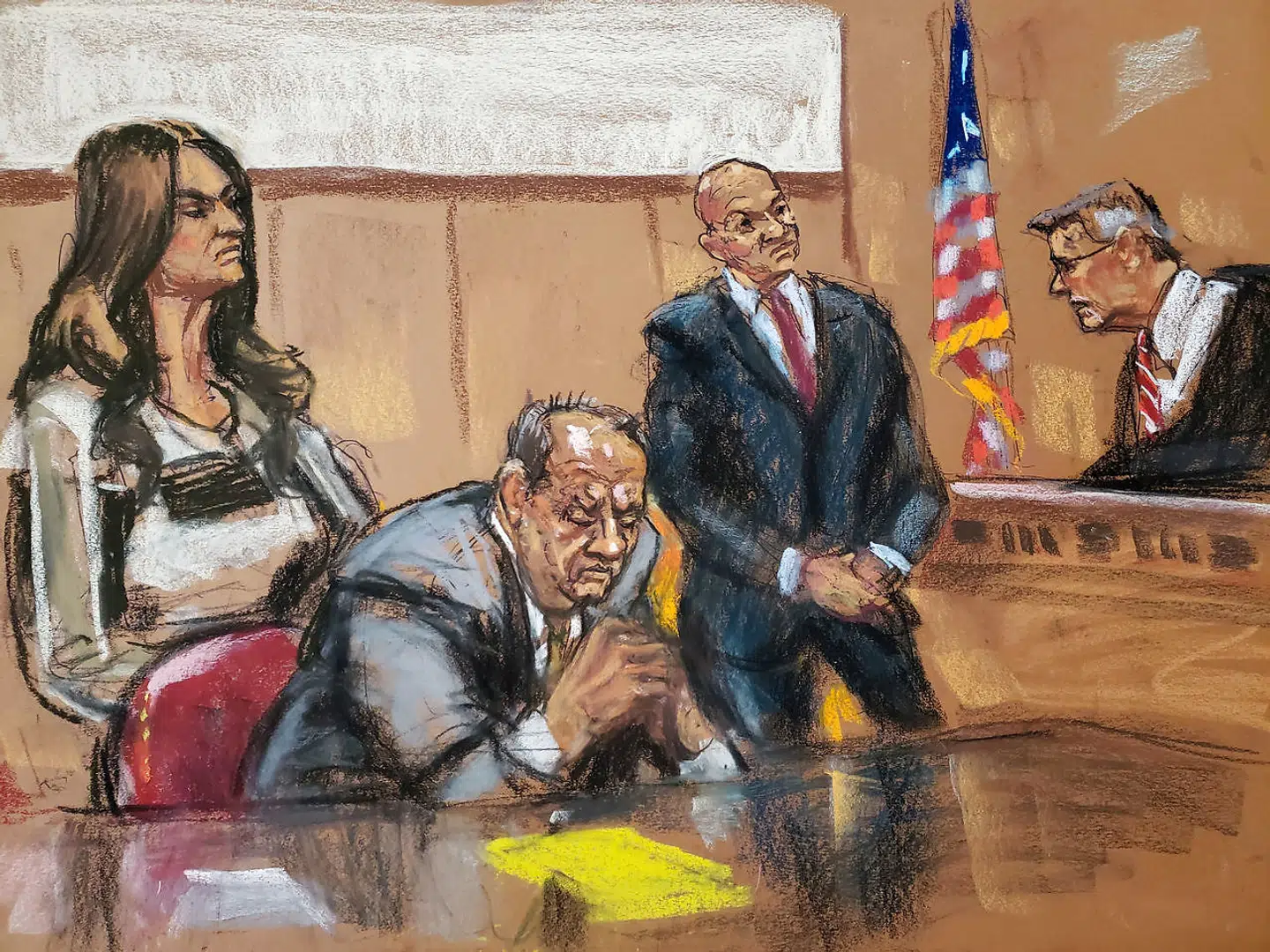 På denne retsskitse bliver Harvey Weinstein irettesat af dommer James Burke.