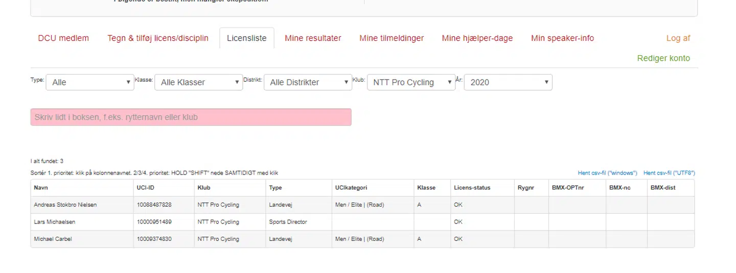 Screendump af DCU's database.