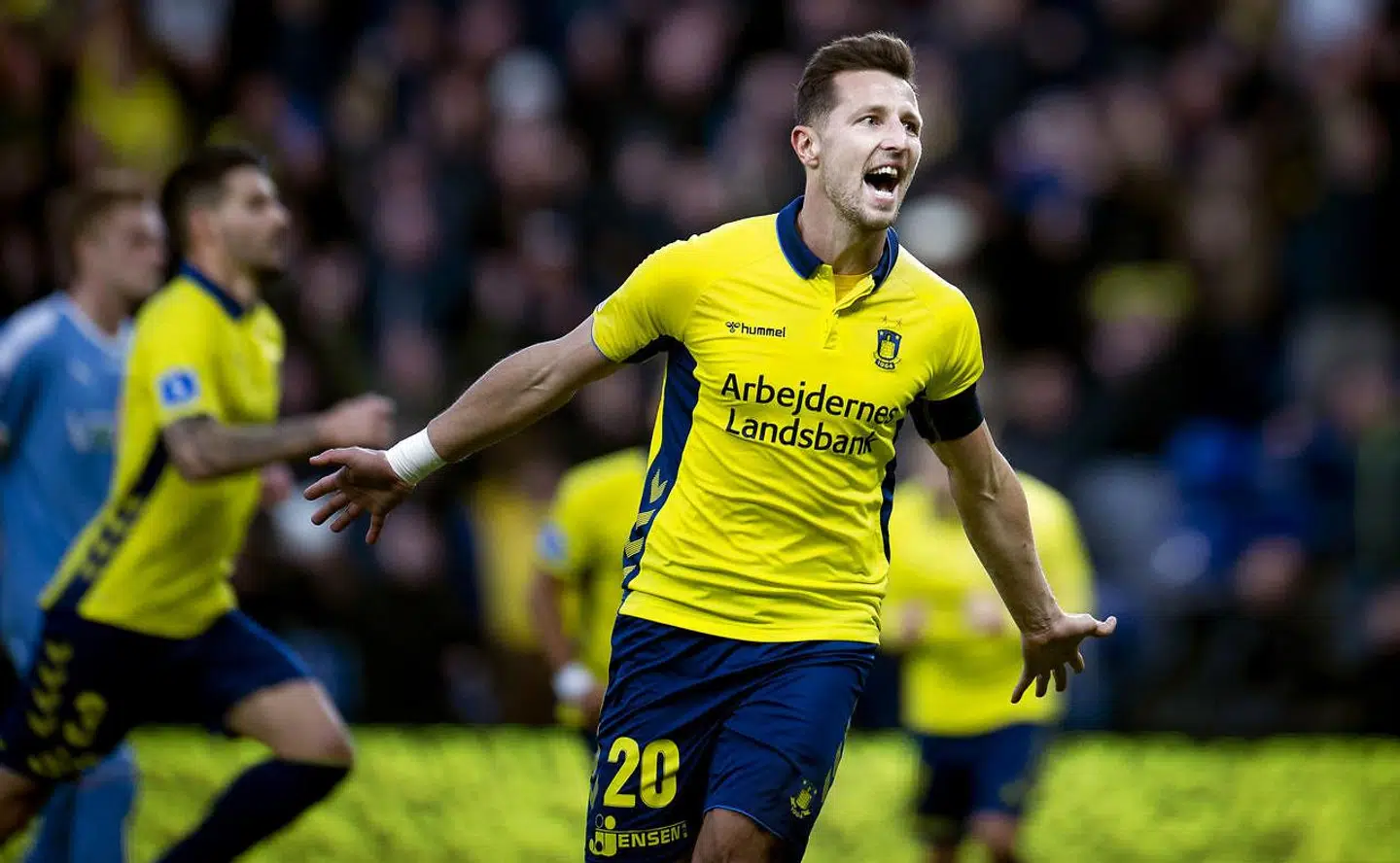 Brøndby IF's Kamil Wilczek jubler over en scoring mod Randers FC i en Superliga-kamp 27. oktober 2019 på Brøndby Stadion.