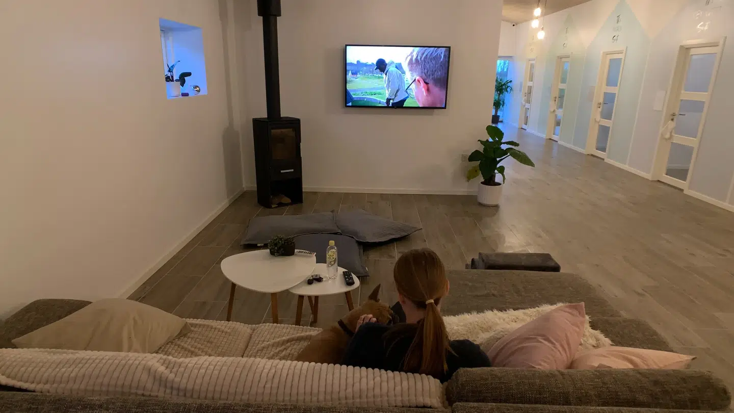 Fællesarealet rummer storskærm til særligt hunde-tv og et sofaområde. Katja Skjold garanterer, at hundene godt kan finde ud af, at de ikke må ligge i sofaen, når de kommer hjem fra hotellet. Men det er afgørende for Katja Skjold, at hotellet minder så meget som et hjem som muligt, fordi hundene er vant til hjemlige omgivelser.