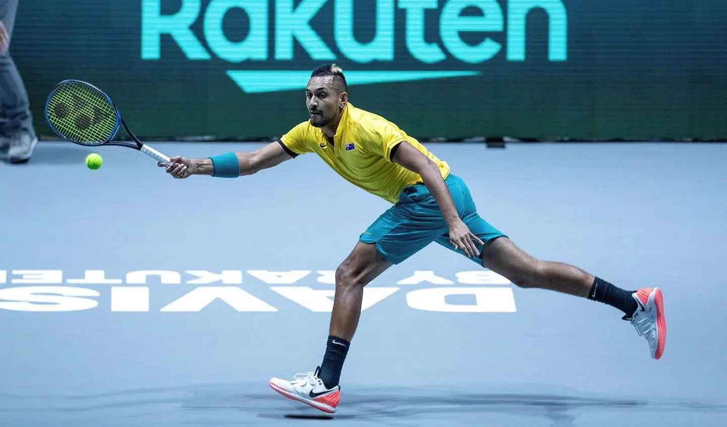 Nick kyrgios i kamp under Davis Cup i Madrid i november 2019.