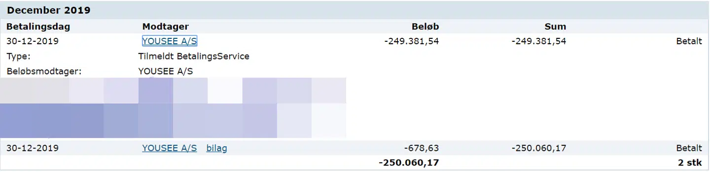 Her ses beløbet, som Yousee har trukket fra Pernille.