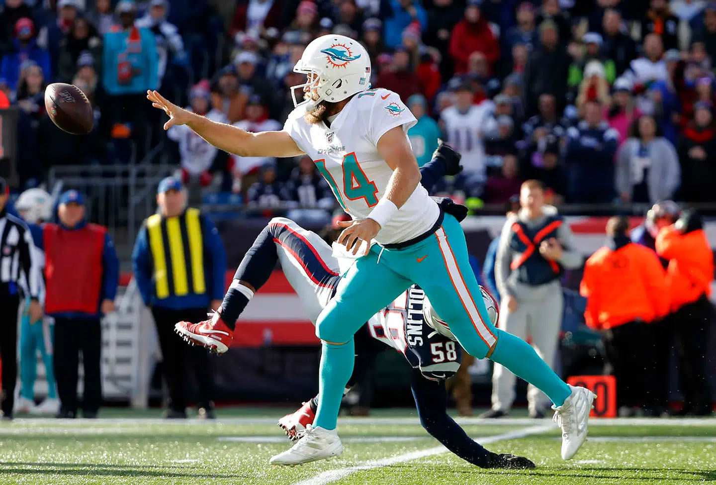 Miami Dolphins' quarterback, Ryan Fitzpatrick, afgjorde kampen i Boston.