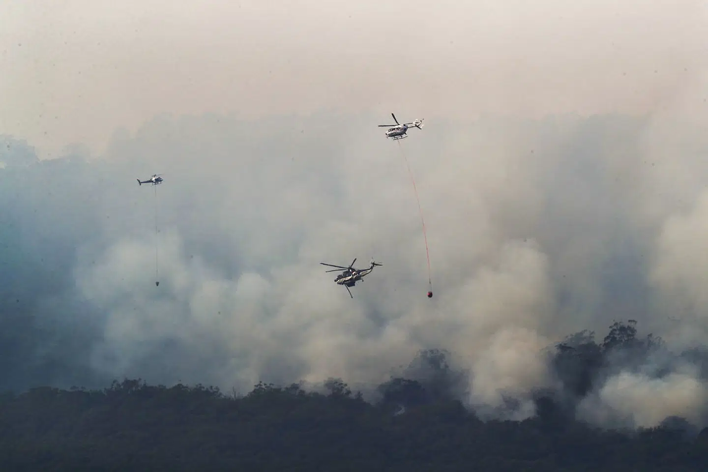 Helikopterer kaster vand ud over naturbrandene i Gippsland den 4. marts 2019