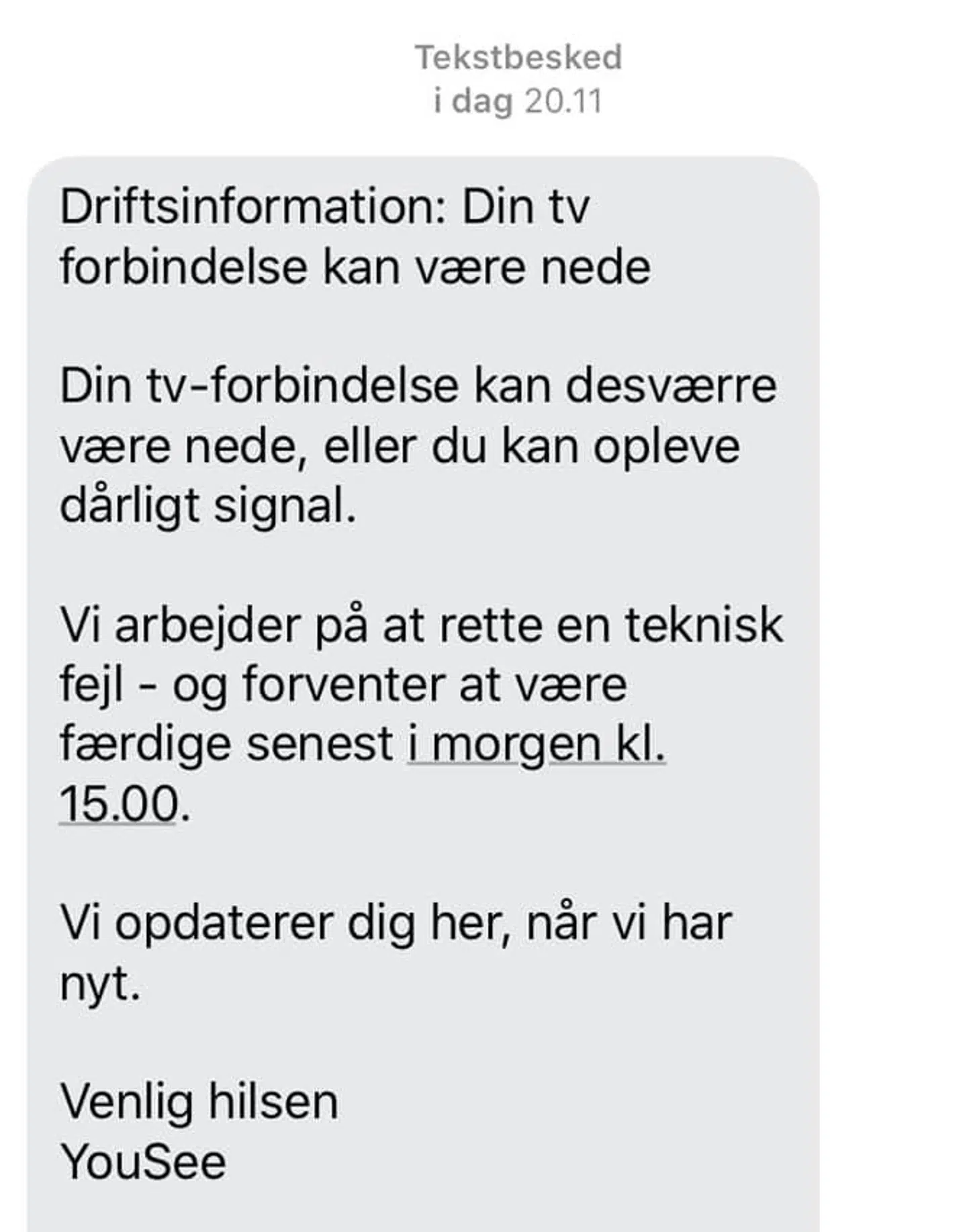 Denne sms sendte YouSee til en række af sine kunder under El Clásico-opgøret mellem FC Barcelona og Real Madrid.