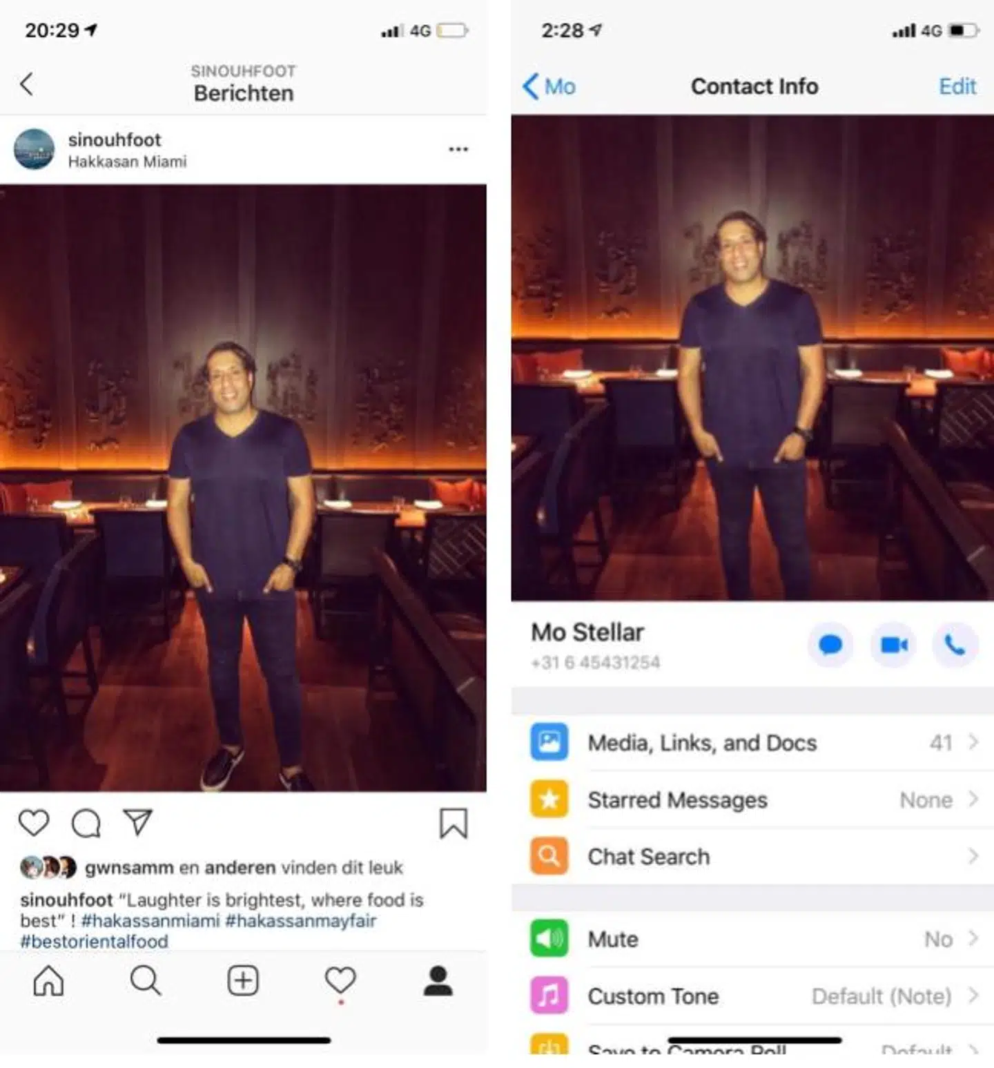 Til venstre den rigtige Mo Sinouhs Instagram-billede og til højre den falske Mo Sinouhs Whatsapp-profil.