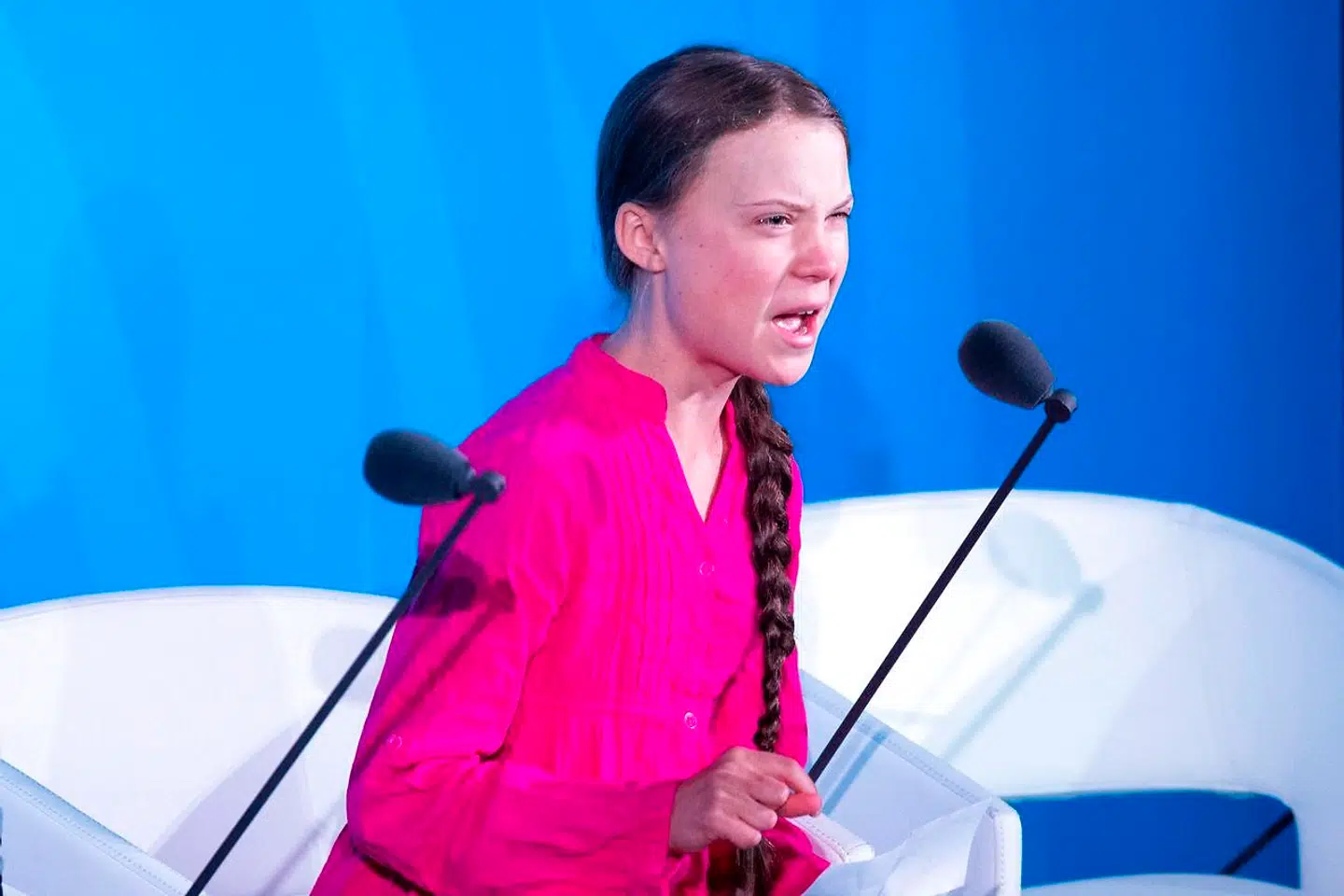 Greta Thunberg under talen ved FN-topmødet i New York, hvor hun anklagede verdenslederne for at have 'stjålet min barndom'.