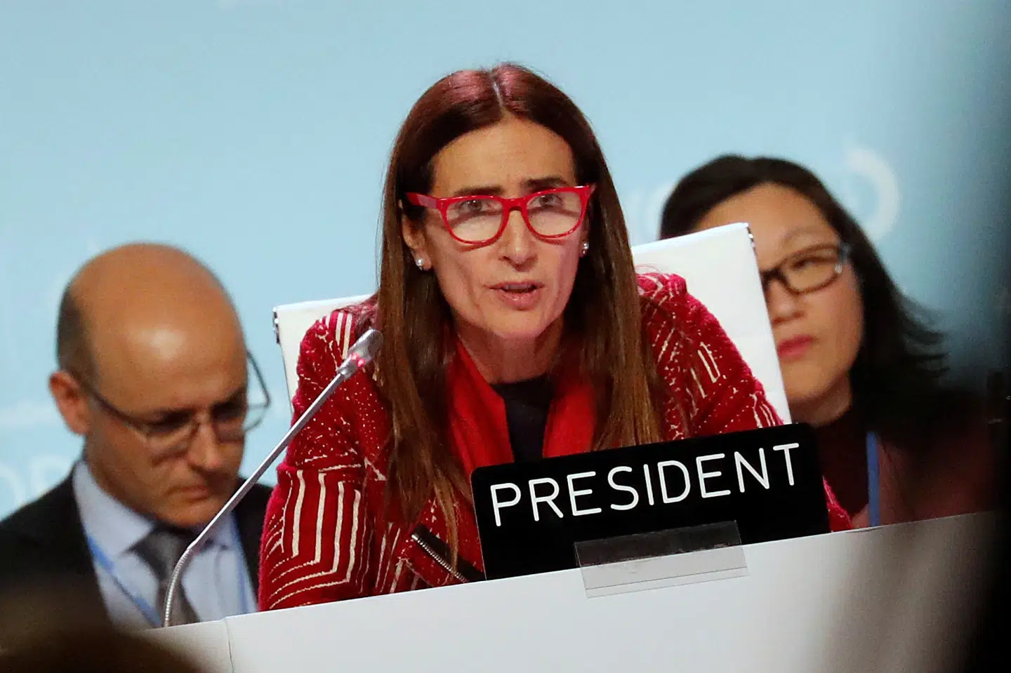 Formanden for COP25, den chilenske miljøminister, Carolina Schmidt Zaldivar, var sent lørdag på talerstolen ved FN's klimamøde i Madrid. Nacho Doce/Ritzau Scanpix