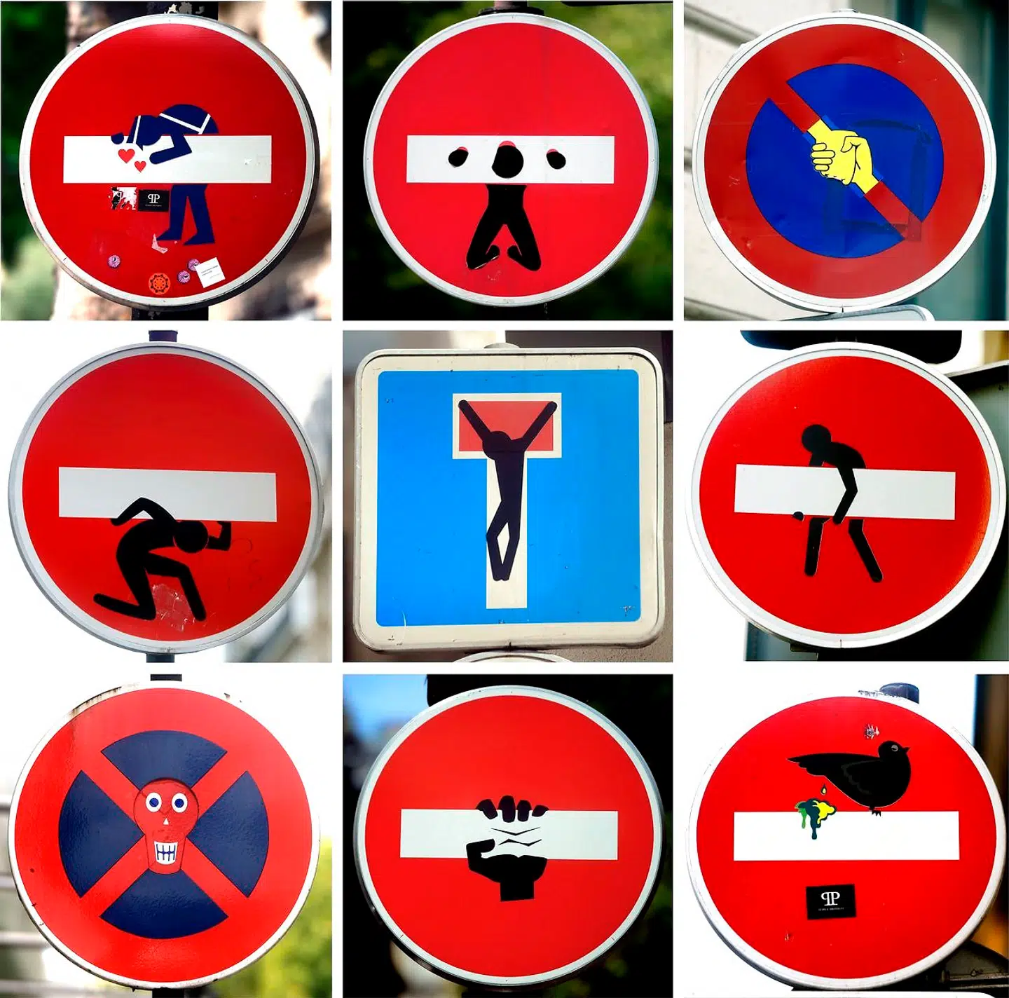 A combination of pictures taken on August 5, 2014 in Paris shows French street signs, hacked by French street artist Clet Abraham. AFP PHOTO/DOMINIQUE FAGET = RESTRICTED TO EDITORIAL USE, MANDATORY MENTION OF THE ARTIST UPON PUBLICATION, TO ILLUSTRATE THE EVENT AS SPECIFIED IN THE CAPTION =