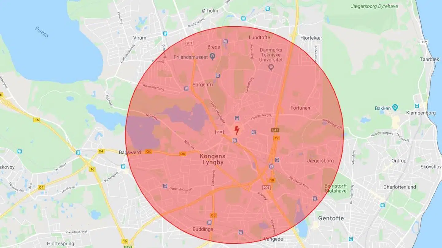 Her ses det ramte område fra Radius Elnet.