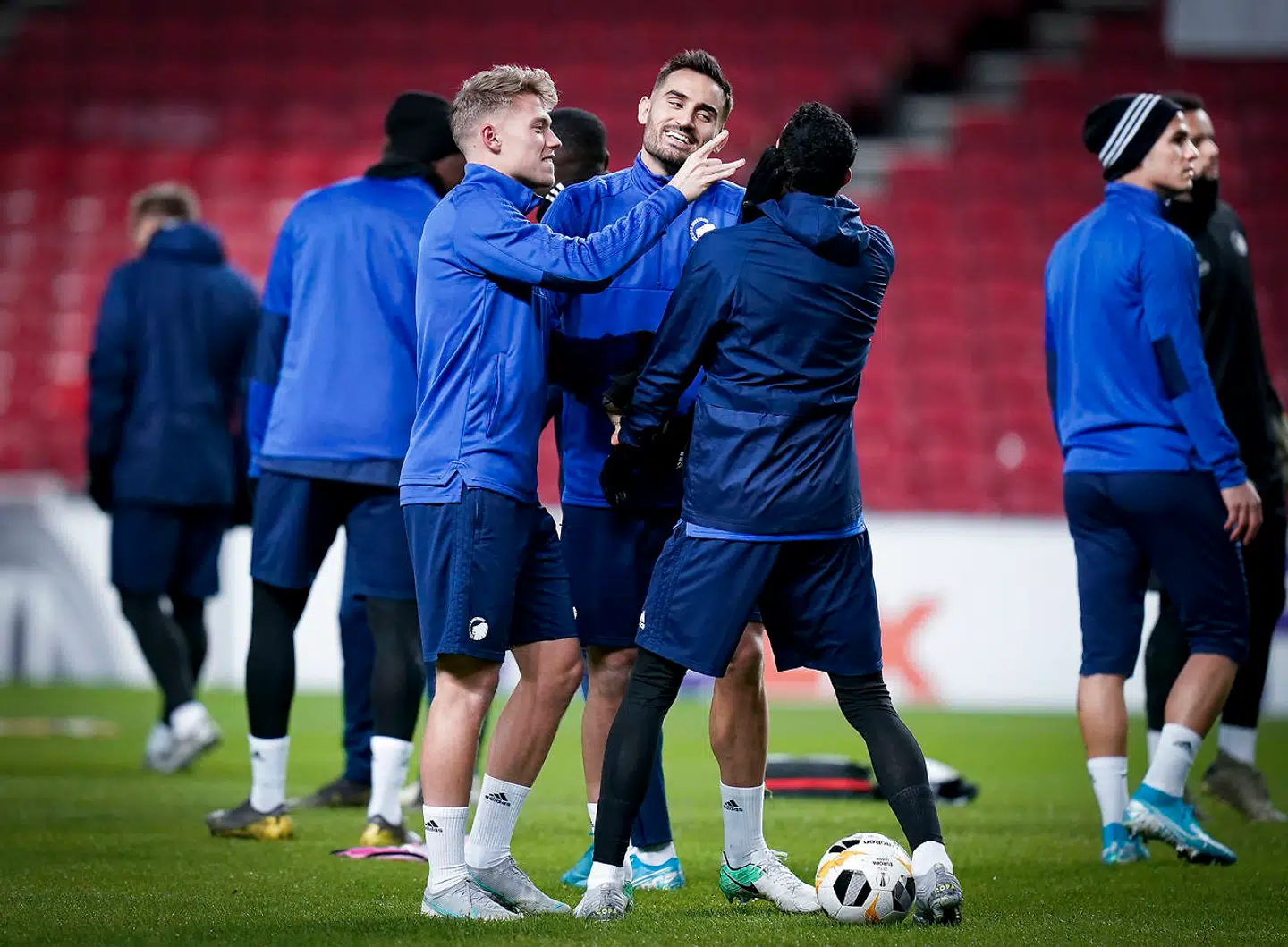 FCKs Viktor Fischer, Sotirios Papagiannopoulos og Carlos Zeca under FCKs træning i Telia Parken, onsdag den 11. december 2019.. (Foto: Liselotte Sabroe/Ritzau Scanpix)