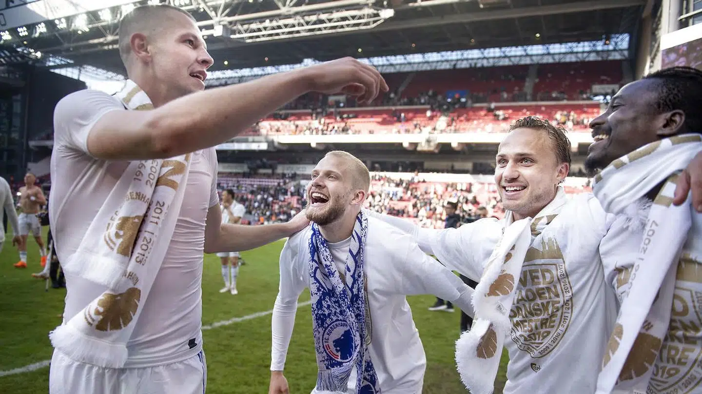 Under FCK's mesterskabsfejring i sidste sæson. Fra venstre: Denis Vavro, Nicolai Boilesen, Pierre Bengtsson og Dame N'Doye
