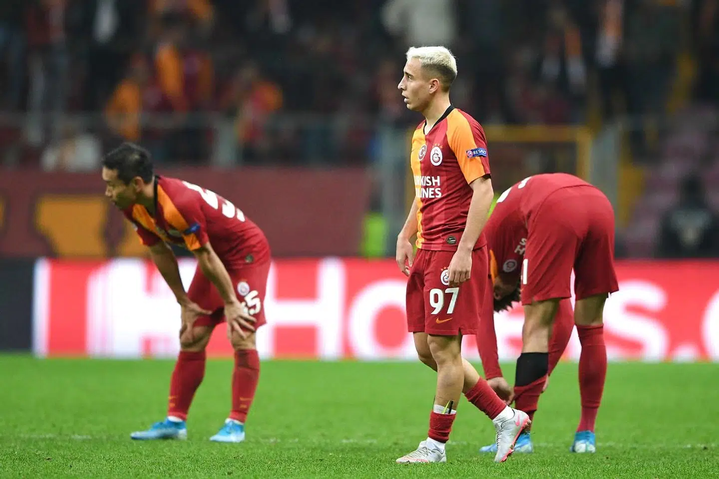 Galatasaray's Turkish forward Emre Mor reacts at the end of the UEFA Champions League football match between Galatasaray and Bruges (Club Brugge), on November 26, 2019 Ali-Sami-Yen stadium in Istanbul. (Photo by Bulent Kilic / AFP)
