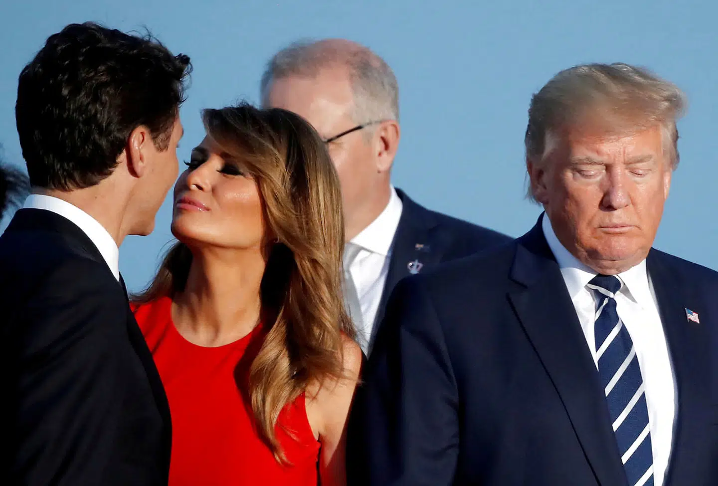 First lady Melania Trump kisses Canada's Prime Minister Justin Trudeau next to U.S. President Donald Trump during the family photo with invited guests at the G7 summit in Biarritz, France, August 25, 2019. REUTERS/Carlos Barria/File Photo SEARCH "GLOBAL POY" FOR THIS STORY. SEARCH "REUTERS POY" FOR ALL BEST OF 2019 PACKAGES. TPX IMAGES OF THE DAY.