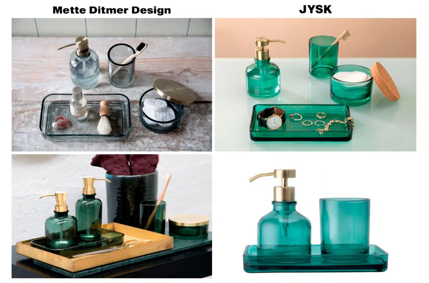 Til venstre ses produkterne fra Mette Ditmer Design, mens de påståede kopier fra JYSK er til højre.