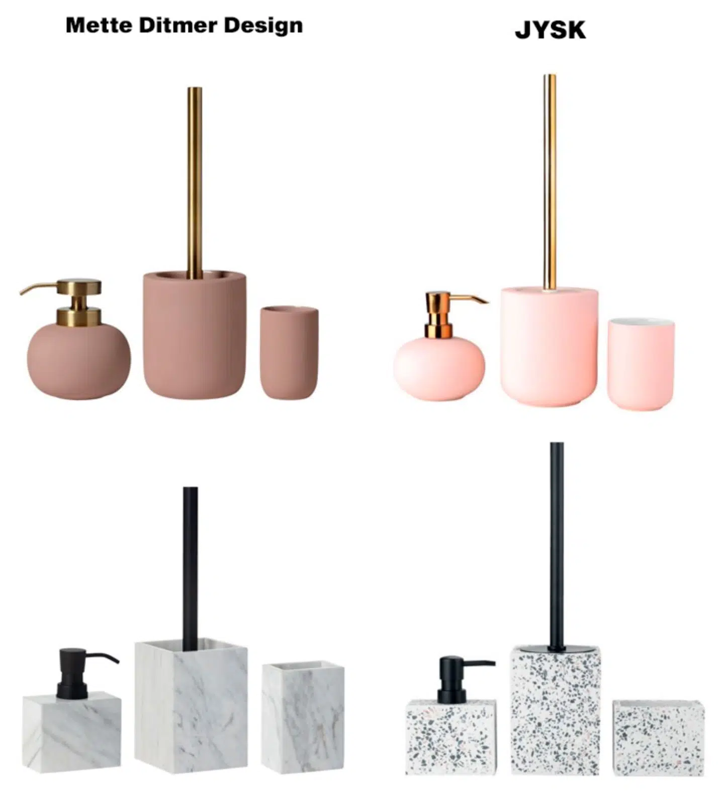 Til venstre ses produkter fra Mette Ditmer Design og til højre produkterne fra JYSK, de påståede kopier.