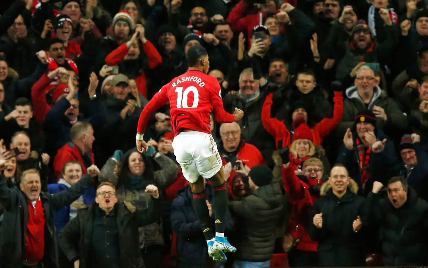 Soccer Football - Premier League - Manchester United v Tottenham Hotspur - Old Trafford, Manchester, Britain - December 4, 2019 Manchester United's Marcus Rashford celebrates scoring their second goal REUTERS/Andrew Yates EDITORIAL USE ONLY.No use with unauthorized audio, video, data, fixture lists, club/league logos or "live" services. Online in-match use limited to 75 images, no video emulation.No use in betting, games or single club/league/player publications. Please contact your account representative for further details.