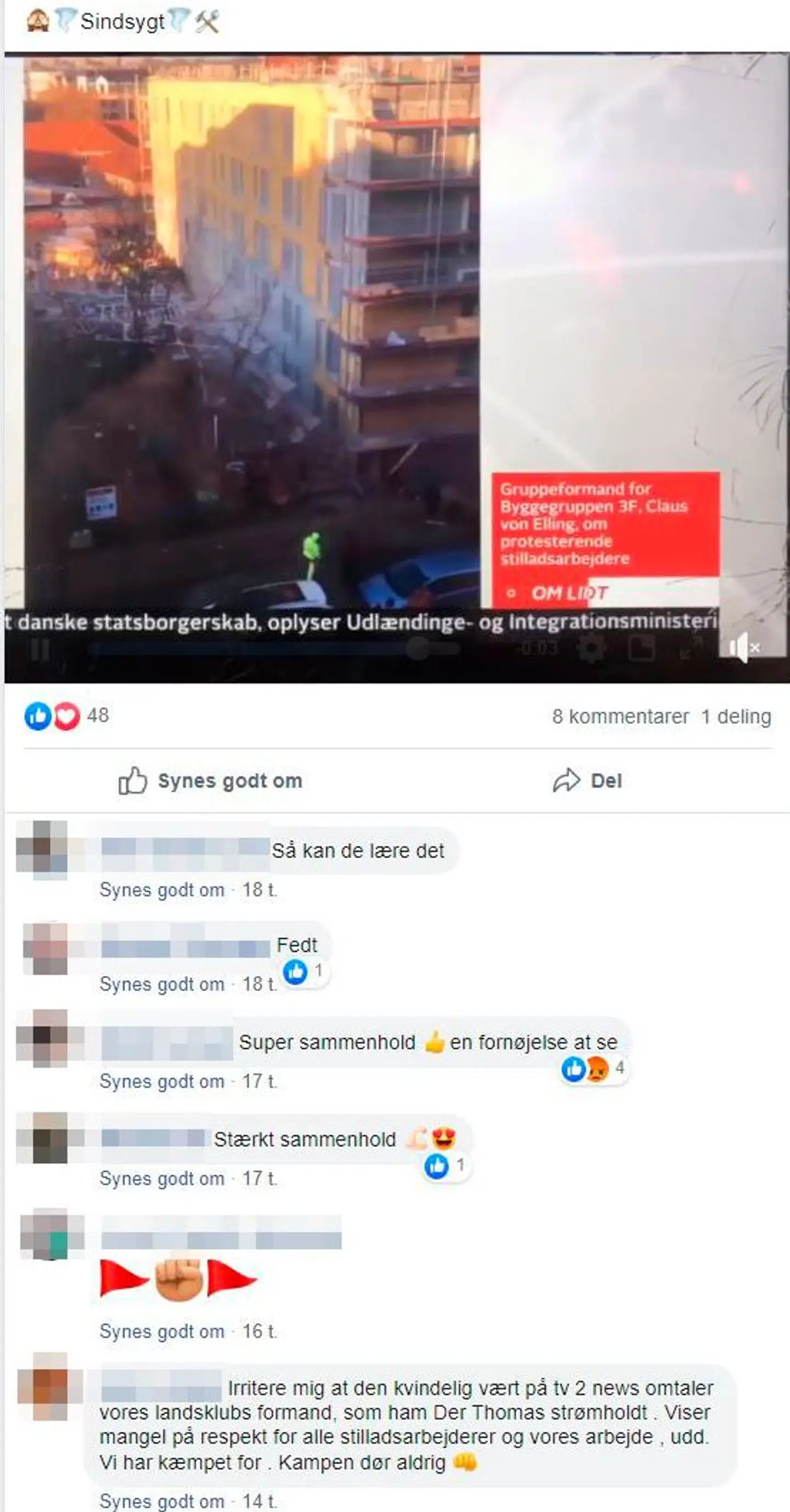 Her ses en række kommentarer fra Facebook-gruppen 'STILLADS DANMARK'. Selve opslaget er videoklip fra TV 2 News, der omtaler episoden, hvor et stillads blev væltet.