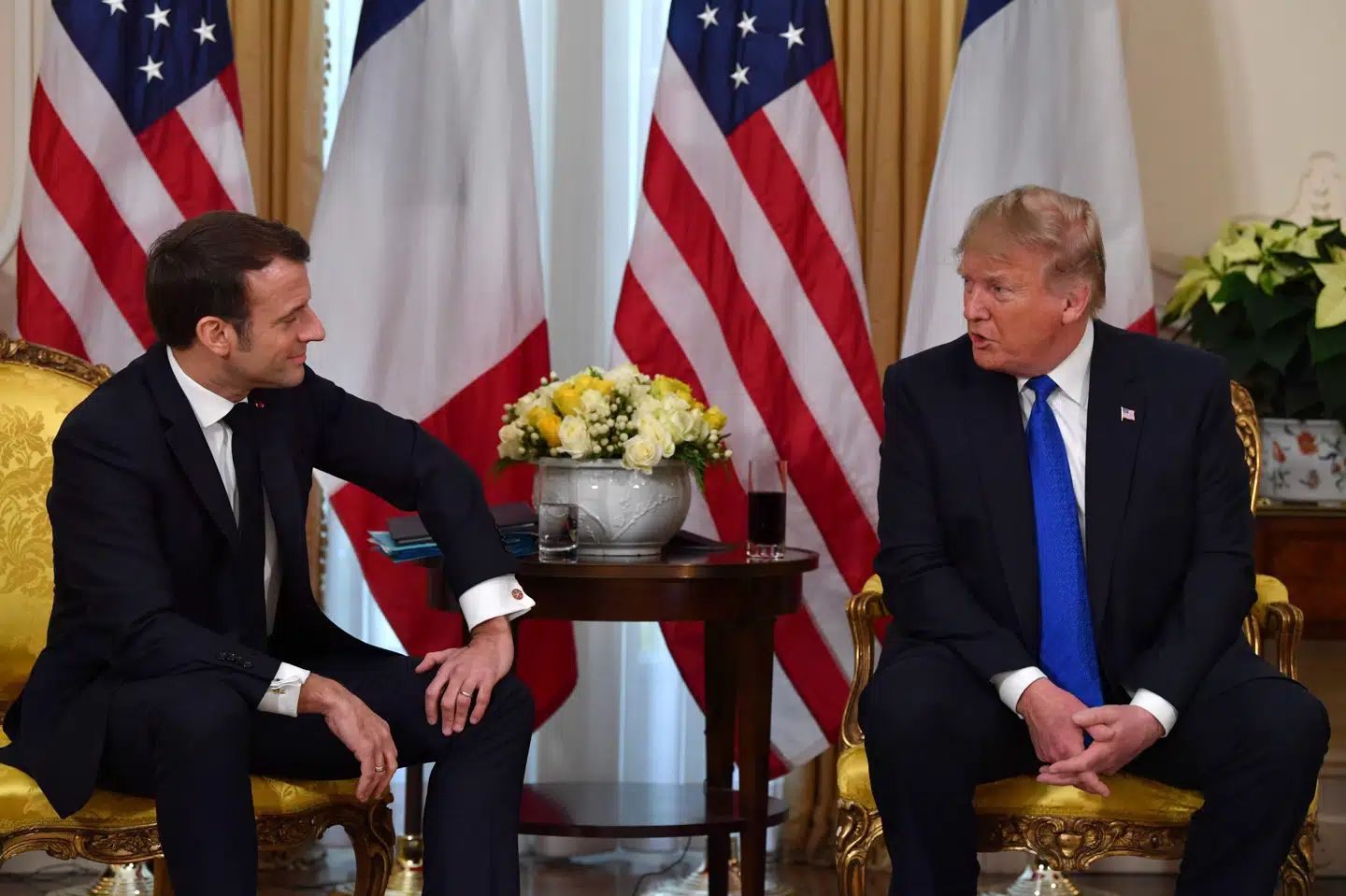 USA's præsident, Donald Trump, og Frankrigs præsident, Emmanuel Macron, på deres presssemøde i London. Nicholas Kamm/Ritzau Scanpix