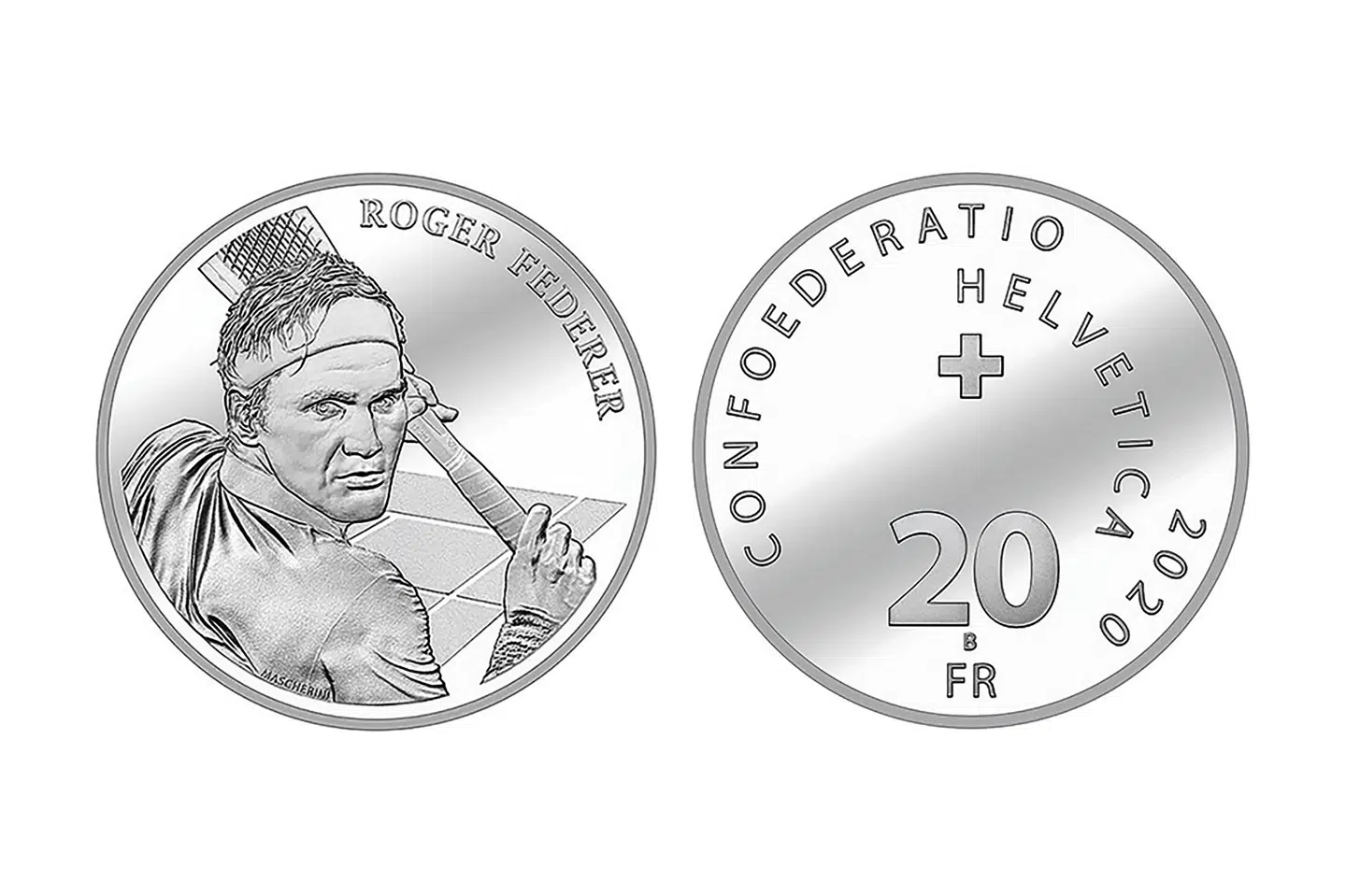 Roger Federer bliver i første omgang afbilledet på en 20 schweizerfranc i sølv. Handout/Ritzau Scanpix