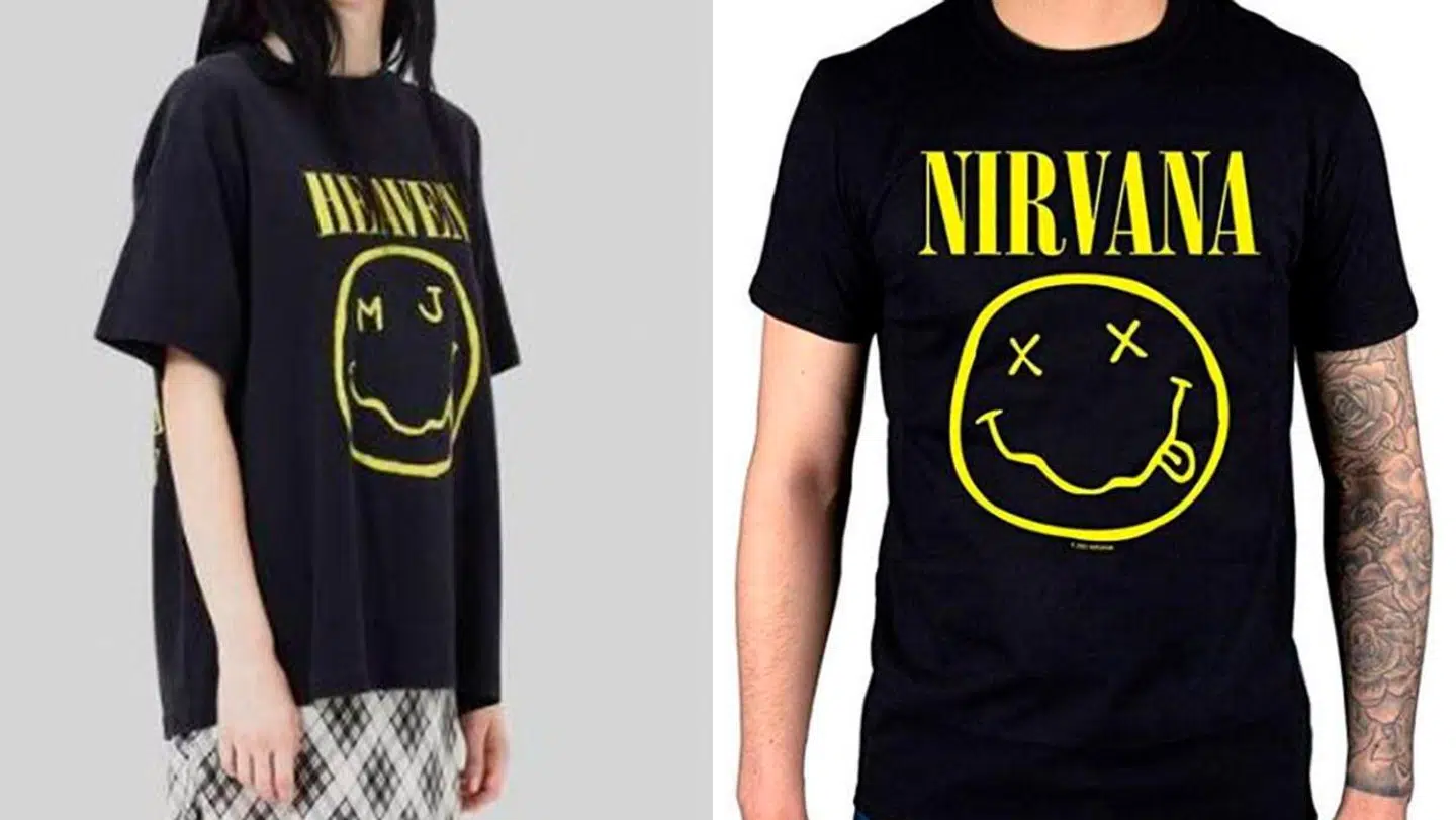 Til højre er Marc Jacobs t-shirt, og til venstre er en t-shirt med Nirvanas logo på.