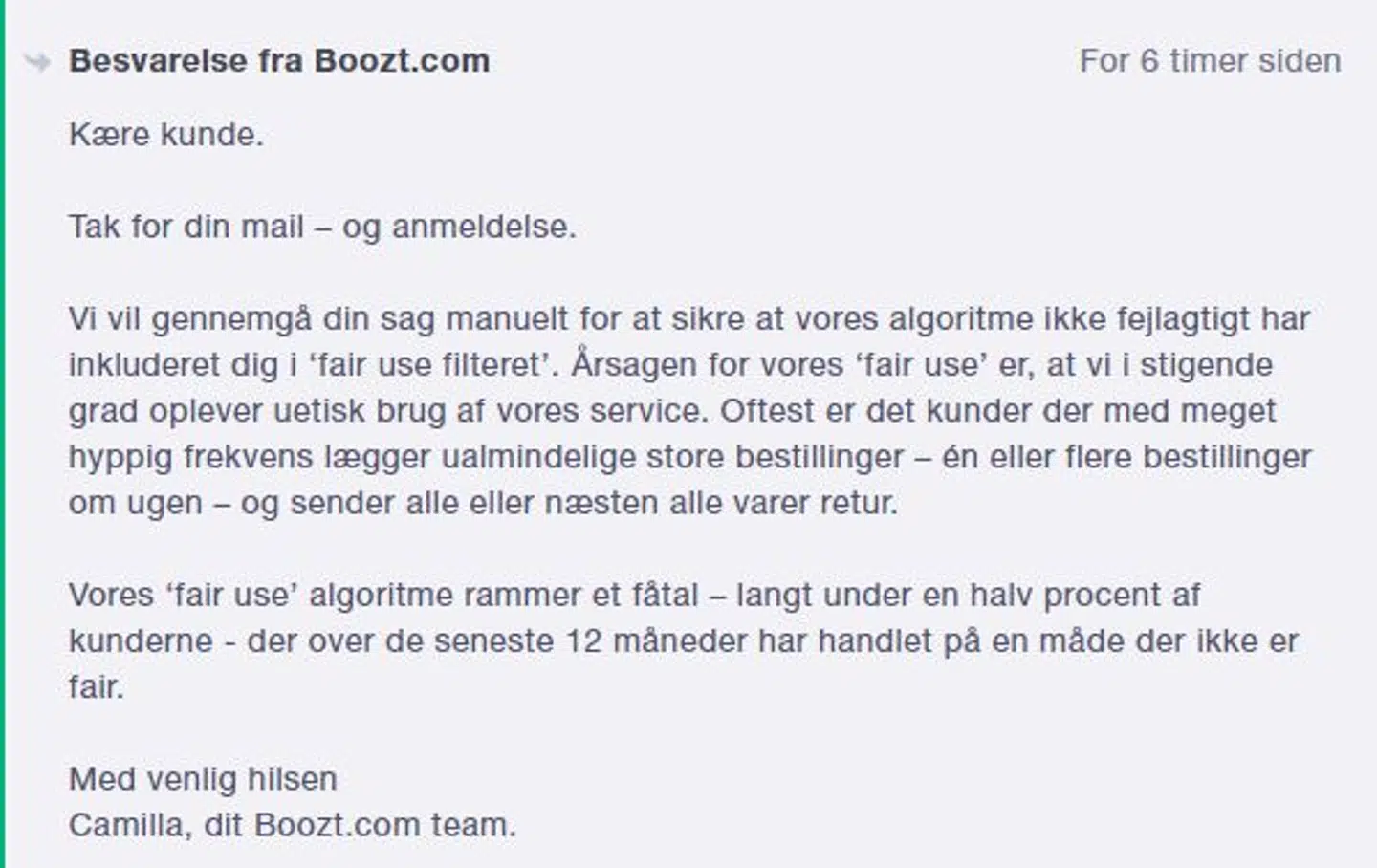 Her kan du læse det svar, som utilfredse brugere har modtaget på Trustpilot.