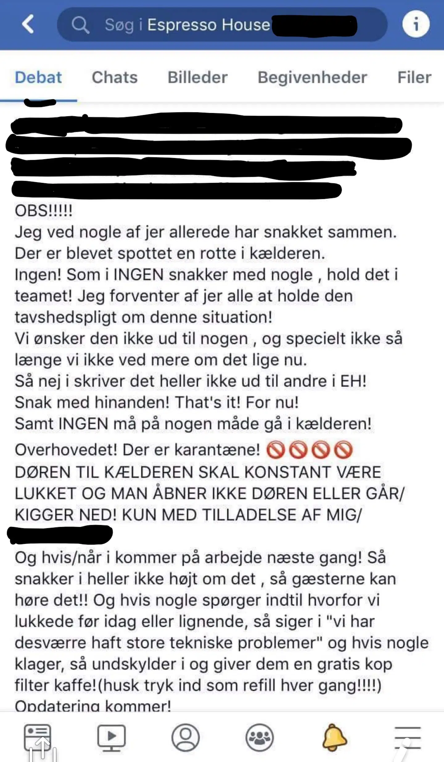 Dette opslag blev delt i en lukket Facebook-gruppe for ansatte i en Espresso House-kaffebar i sommeren 2018.