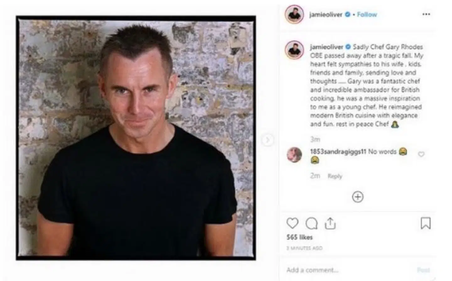 Sådan så Jamie Olivers første mindord til Gary Rhodes ud. Siden blev passagen om, at Rhodes døde efter et 'tragisk fald' fjernet.