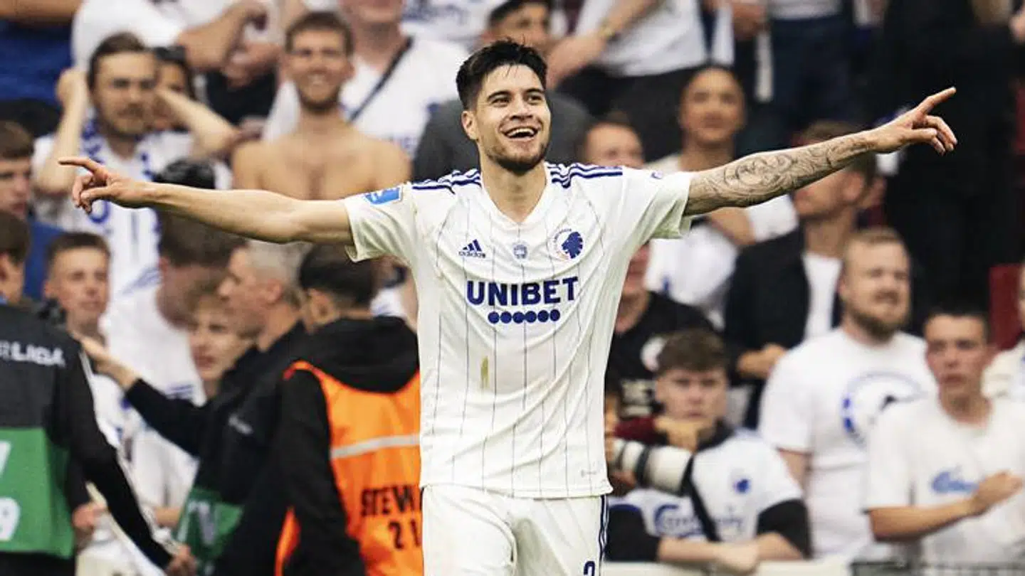 FCKs Kevin Diks scorer til 4-3 under superligakampen mellem FC København og AGF i Parken søndag den 21. maj 2023. (Foto: Claus Bech/Ritzau Scanpix)