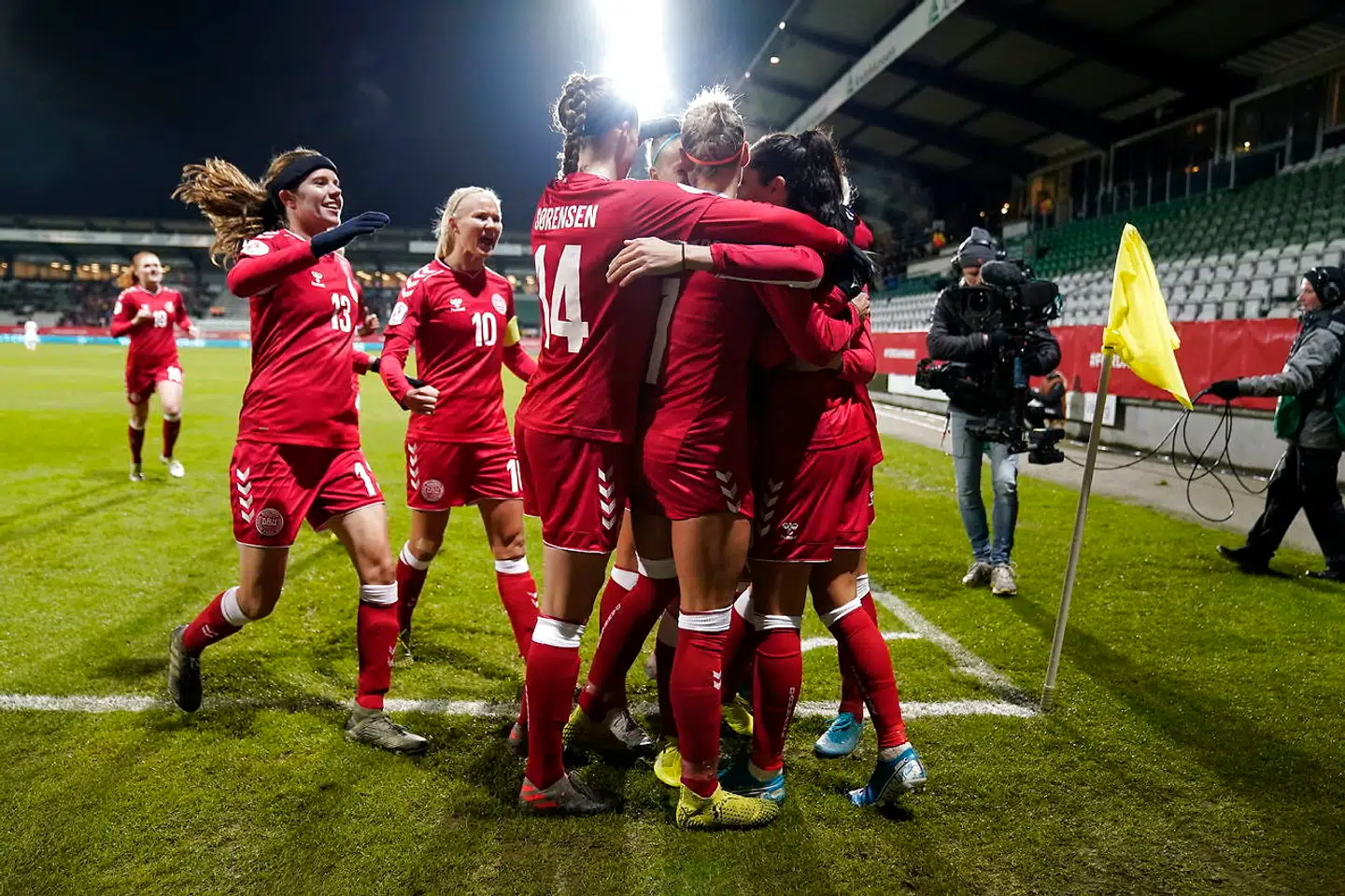 Dansk jubel over en scoring i tirsdag aftens EM-kvalifikationskamp i Viborg mod Georgien.