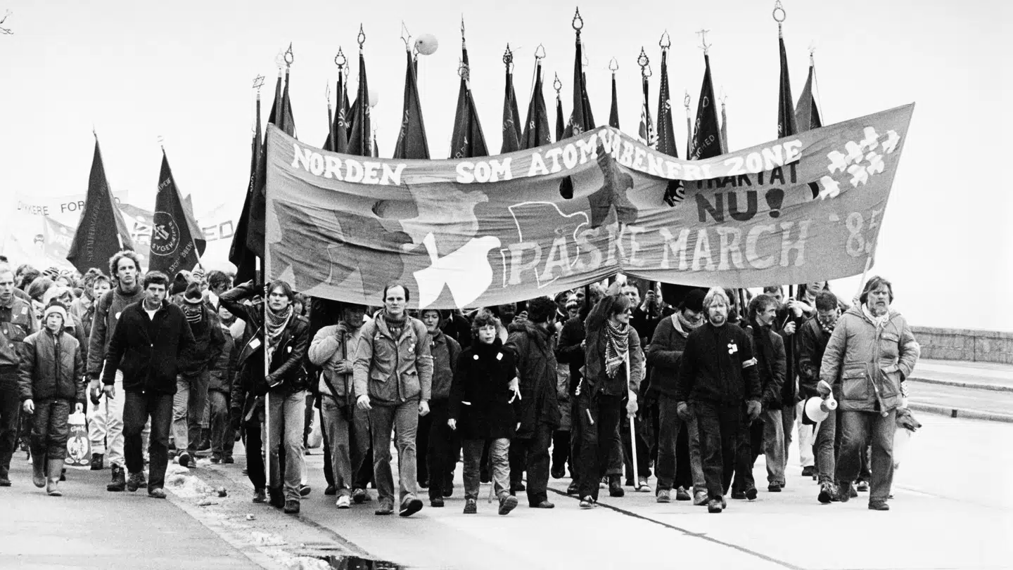 Dansk anti-atomkraft-march i Gylling i 1985. Lars Klausen Hald/Birgitte Riber Hald, foto fra bogen Tjernobyl.