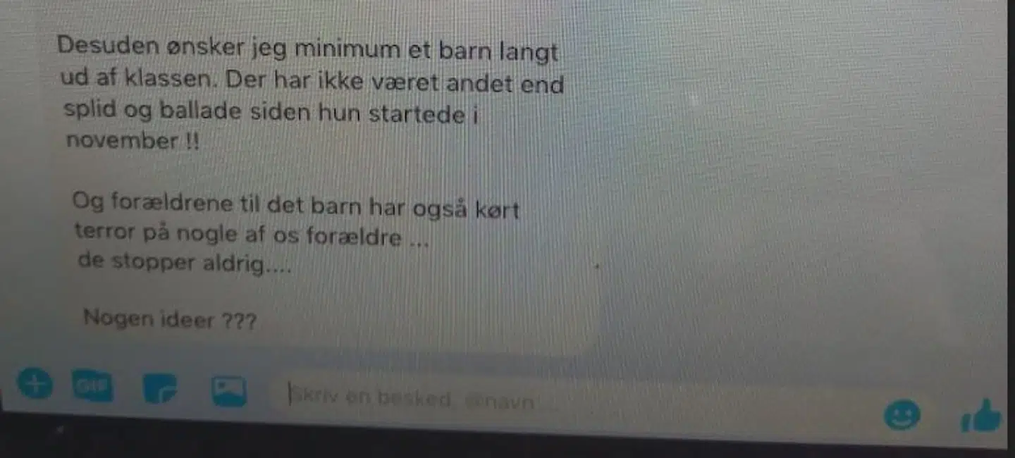 Den oprindelige besked i Facebook-tråden, der blev afsendt af den daværende næstformand i skolebestyrelsen.
