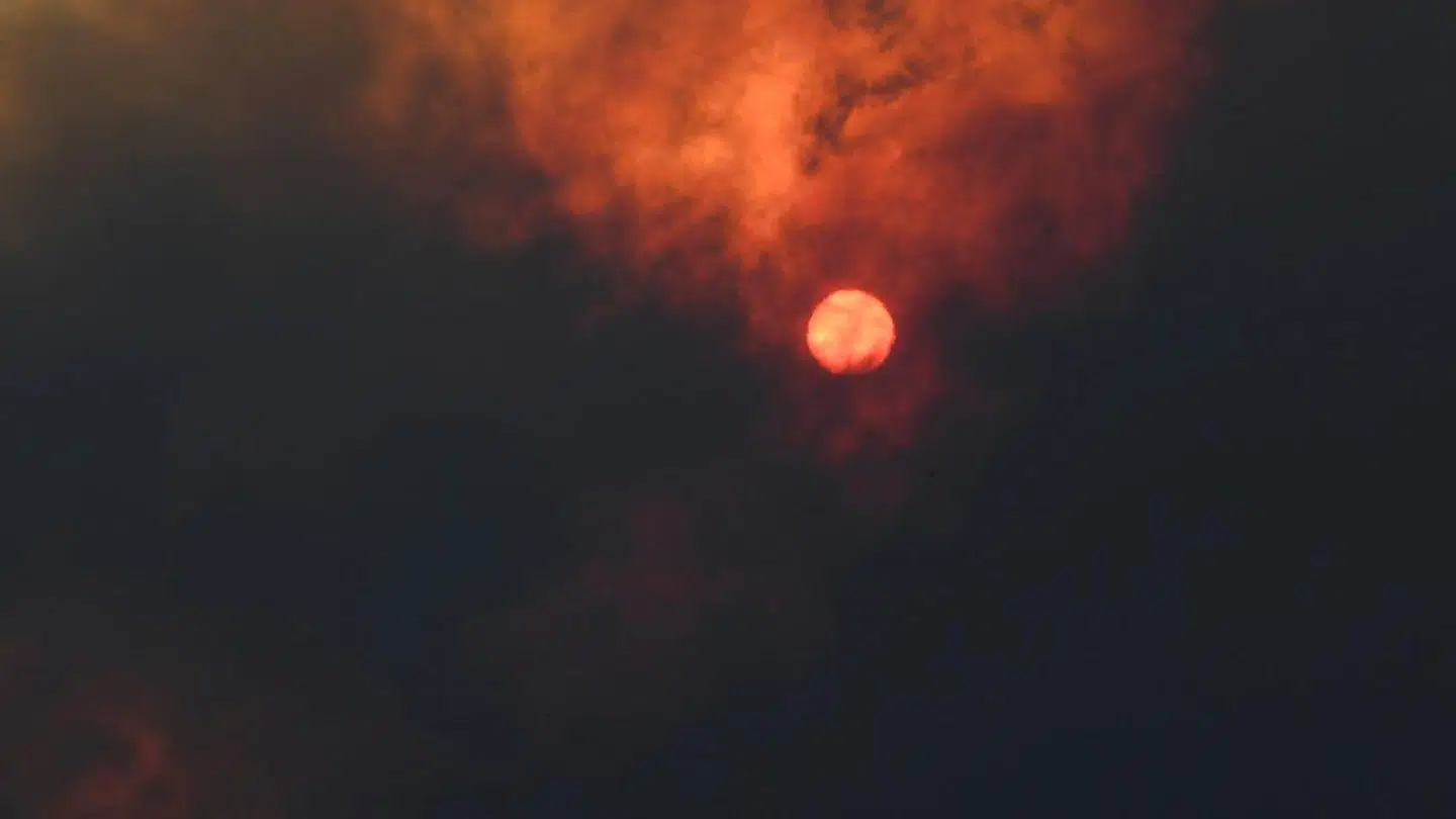 Solen kan kun anes gennem den tykke røg.bushfire burns in Woodford NSW, Australia, November 8, 2019. AAP Image/Dan Himbrechts/via REUTERS ATTENTION EDITORS - THIS IMAGE WAS PROVIDED BY A THIRD PARTY.NO RESALES.NO ARCHIVE. AUSTRALIA OUT. NEW ZEALAND OUT.