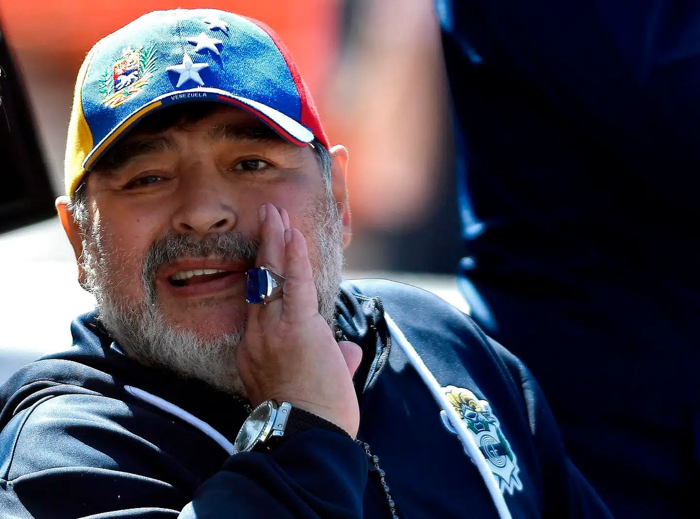 TOPSHOT - Gimnasia y Esgrima team coach Argentinian former football star Diego Armando Maradona gestures during an Argentina First Division Superliga football match against Godoy Cruz at Malvinas Argentinas stadium in Mendoza, Argentina, on October 05, 2019. (Photo by Andres Larrovere / AFP)