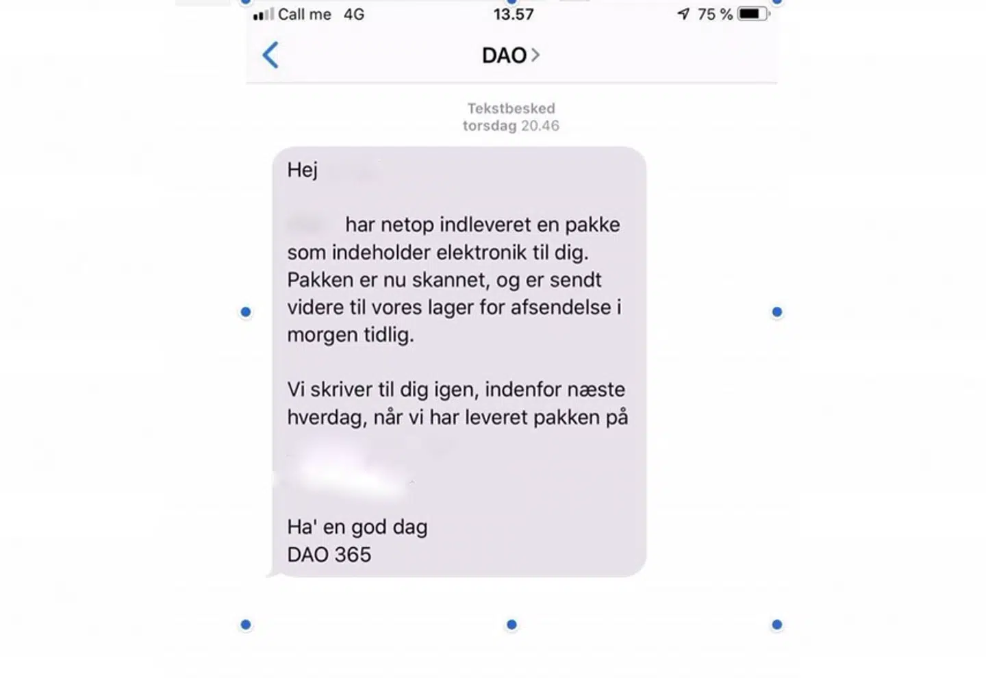 Den falske sms fra Dao, som Asaad Kamali modtog fra en svindler.