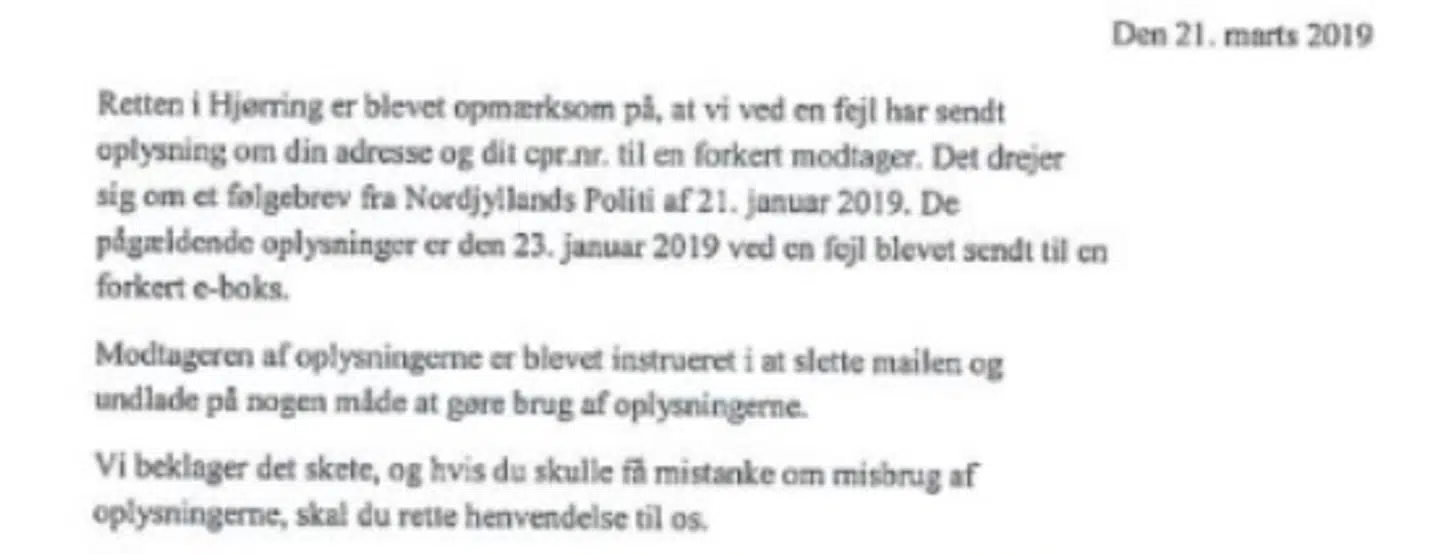 Her ses en bid af det brev, som Retten i Hjørring sendte.