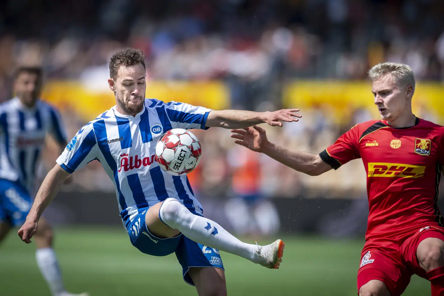 OB's Anders K. Jacobsen spillede en for ham uvant position i søndagens kamp mod FC Nordsjælland. Liselotte Sabroe/Ritzau Scanpix