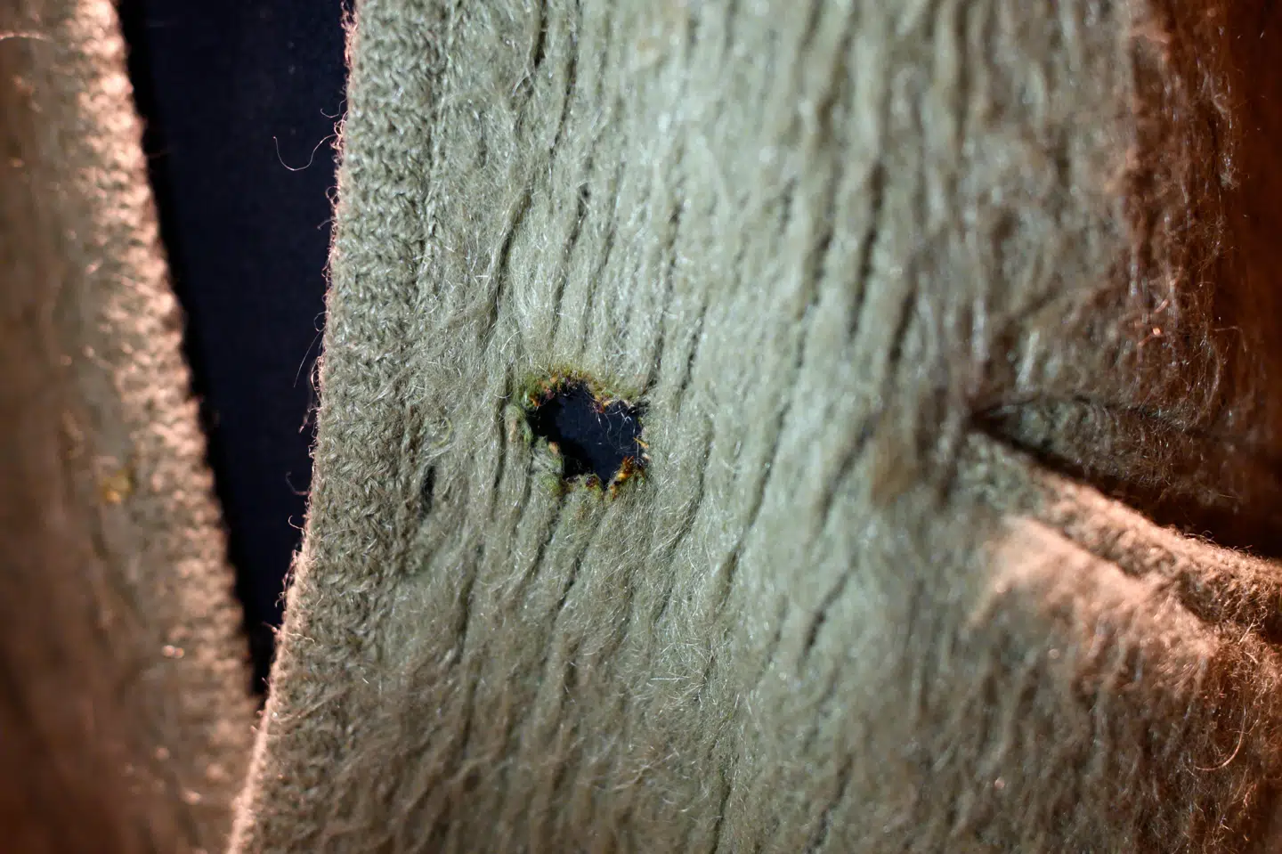 Der er tydelige brugstegn, brændemærker og pletter på sweateren, som især blev kendt igennem Nirvanas optræden ved MTV Unplugged i 1993. Johannes Eisele/Ritzau Scanpix