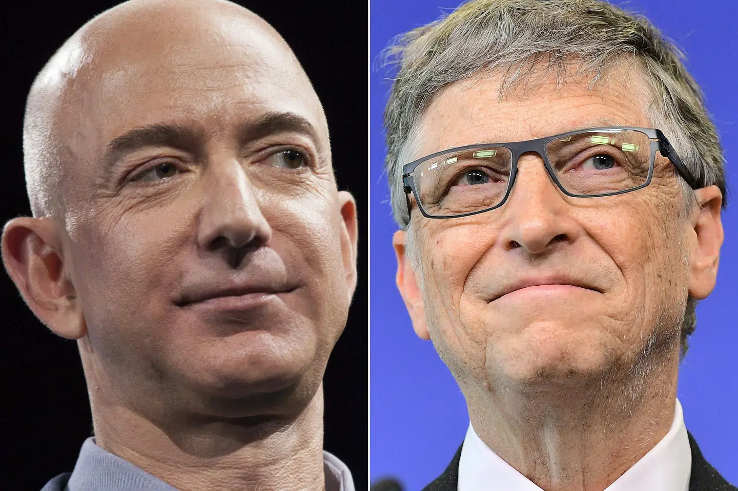 Handelsgiganten Amazons grundlægger og administrerende direktør, Jeff Bezos (tv.), har mistet pladsen som verdens rigeste til medstifter af it-virksomheden Microsoft Bill Gates (th.). (Arkivfoto.) David Ryder, Emmanuel Dunand/Ritzau Scanpix