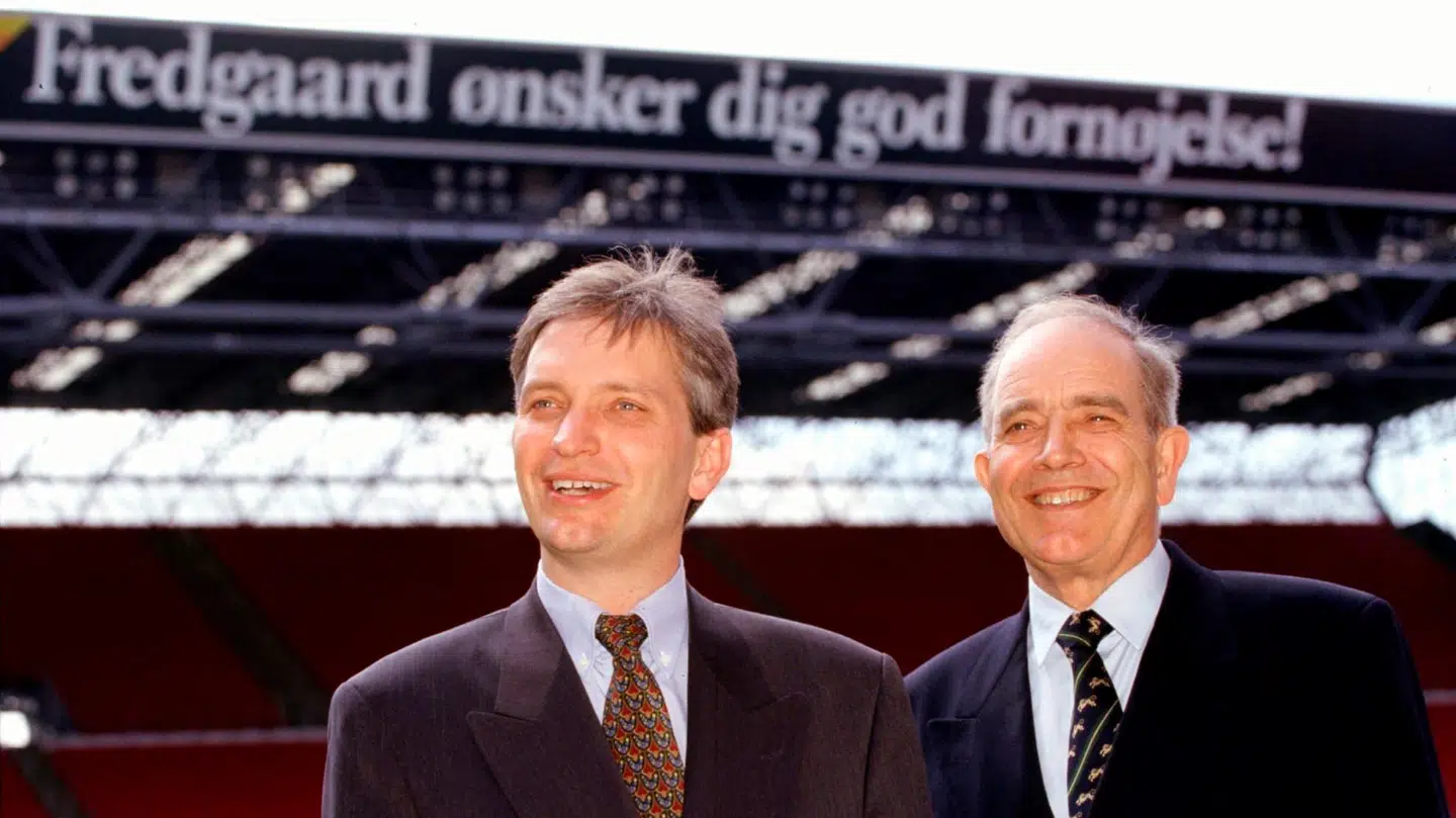 Michael og Paul Kjær (th) i Fredgaards storhedstid, hvor man var tribunesponsor i Parken.