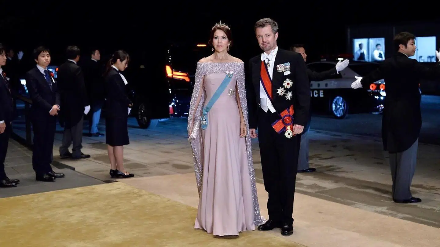 Her ses kronprinsparret på vej til gallamiddag tirsdag. Her skulle kronprinsesse Mary bære en Birgitt Hallstein-kjole med en ny kåbe, skriver bloggen 'Ufo no more'.