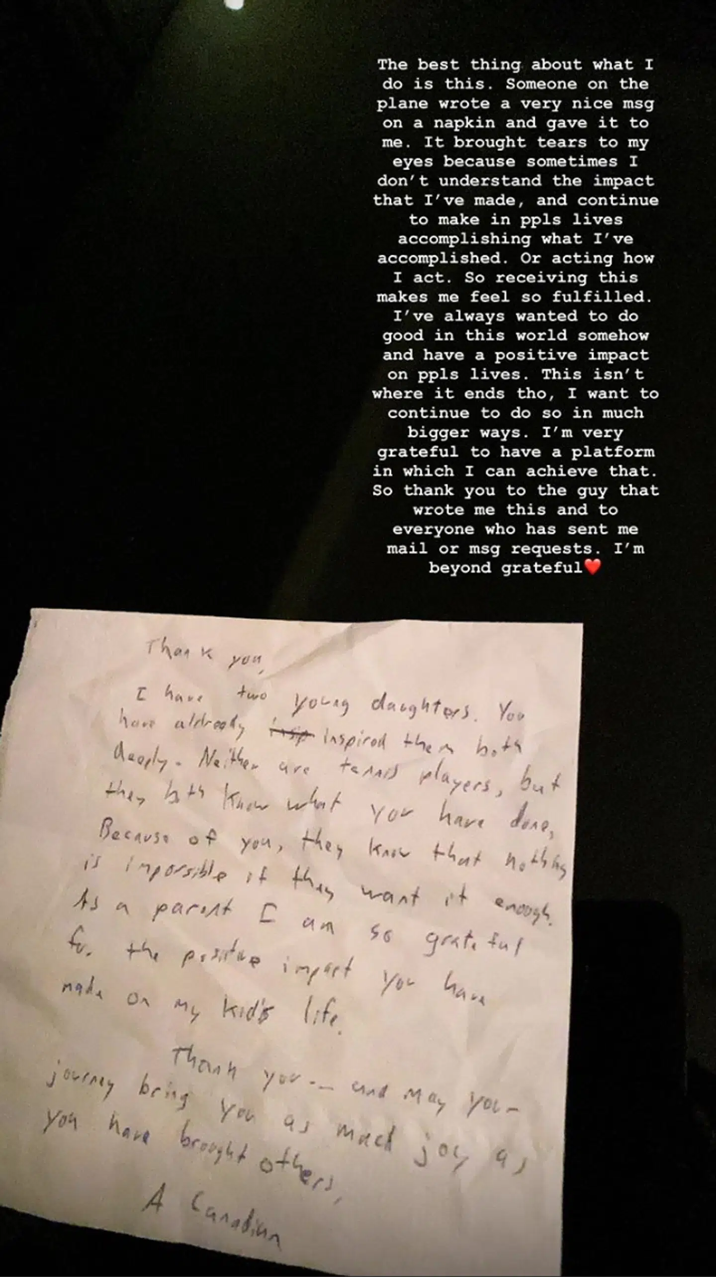 Serviet-beskeden gjorde så stort indtryk på Bianca Andreescu, at hun måtte dele den på Instagram.