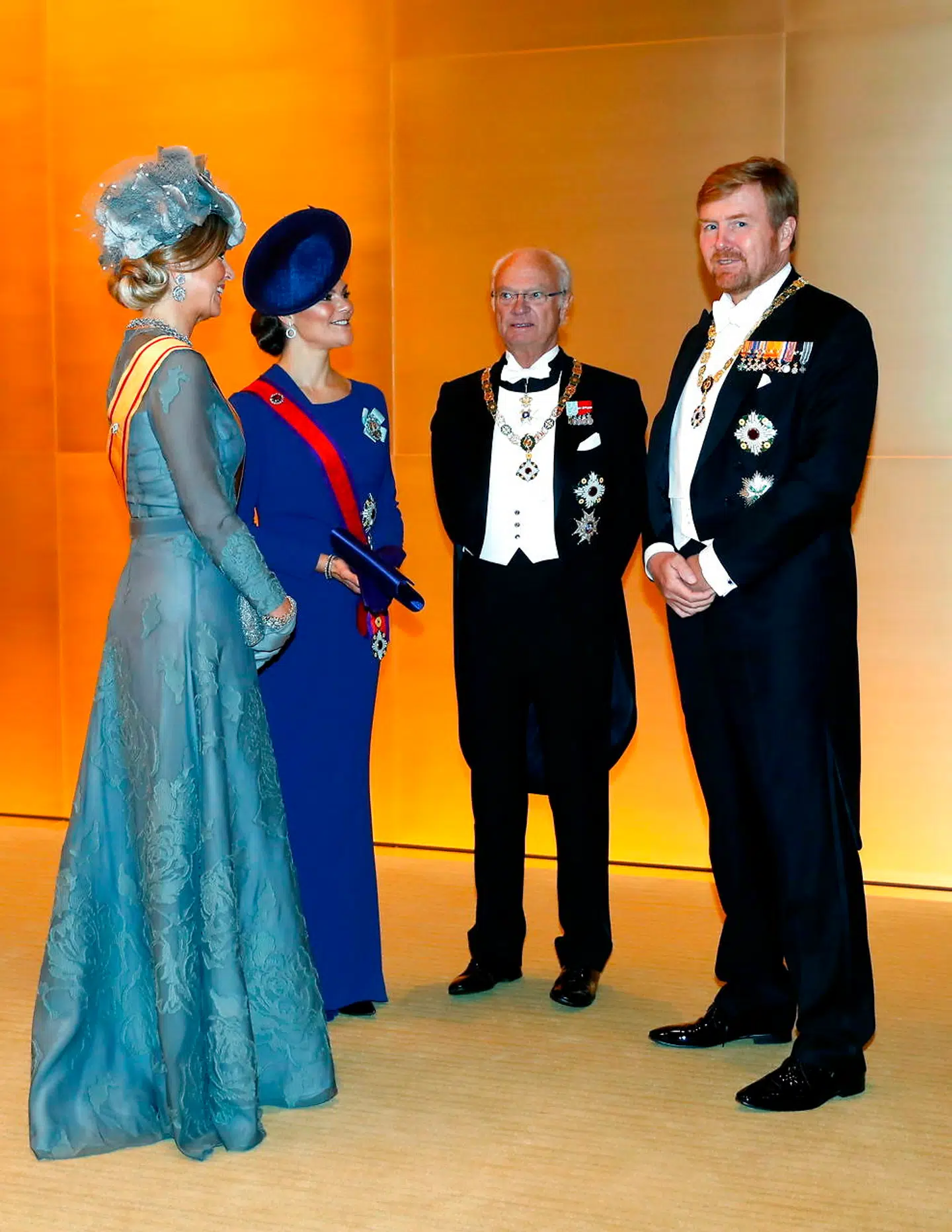 Dronning Maxima af Holland, prinsesse Victoria og hendes far, kong Carl Gustav af Sverige, og Hollands kong Willem-Alexander.