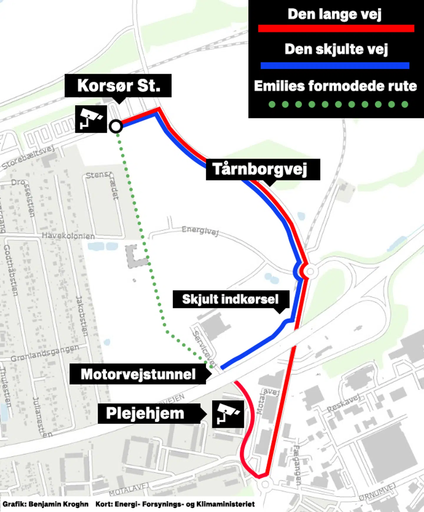 Kort over området, hvor Emilie Meng forsvandt. Vidnet bor i samme bygning som plejehjemmet.